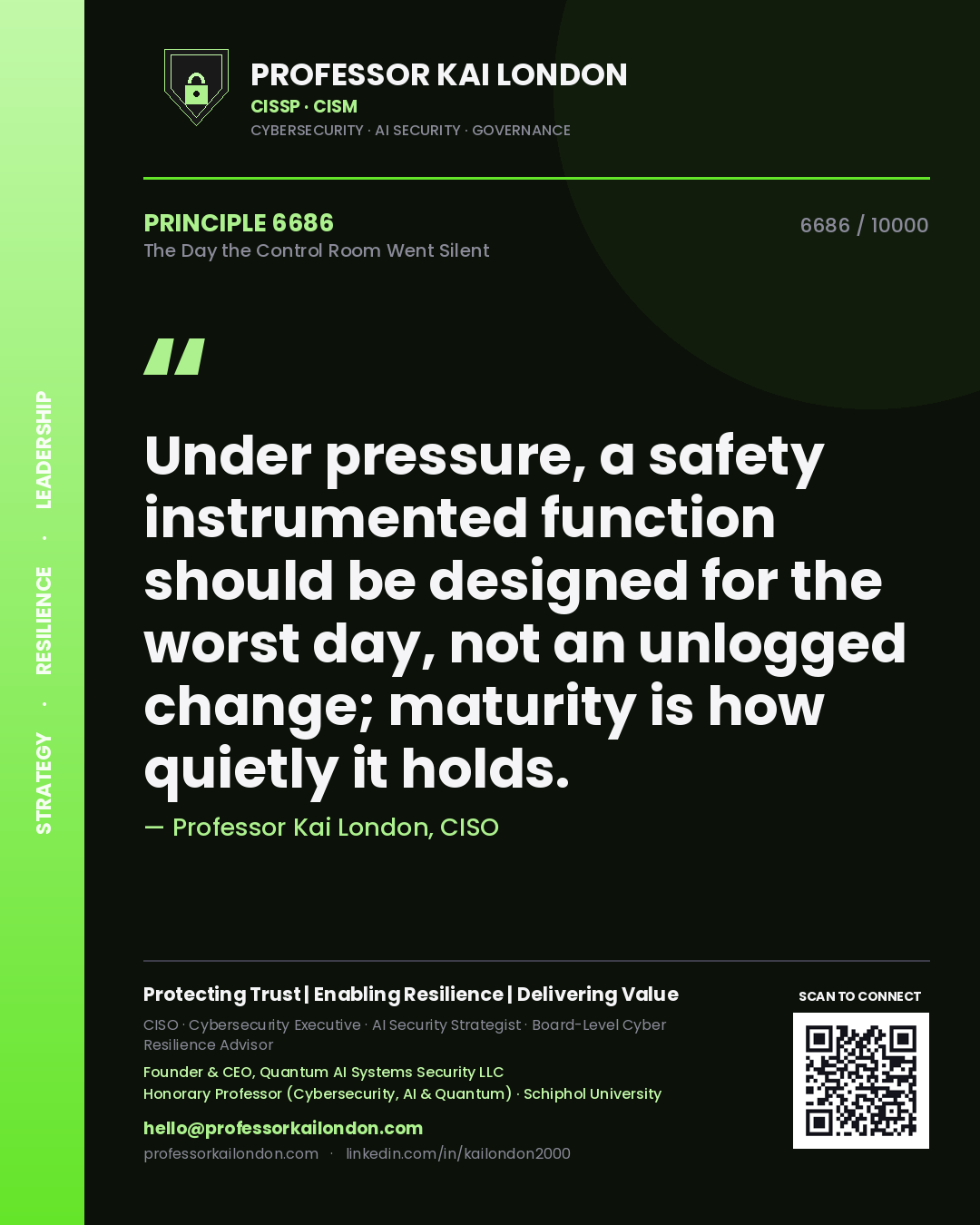 Quote card by Professor Kai London reading 'Under pressure, a safety instrumented function should be designed for the worst day, not an unlogged change; maturity is how quietly it holds.'. From the book The Day the Control Room Went Silent.