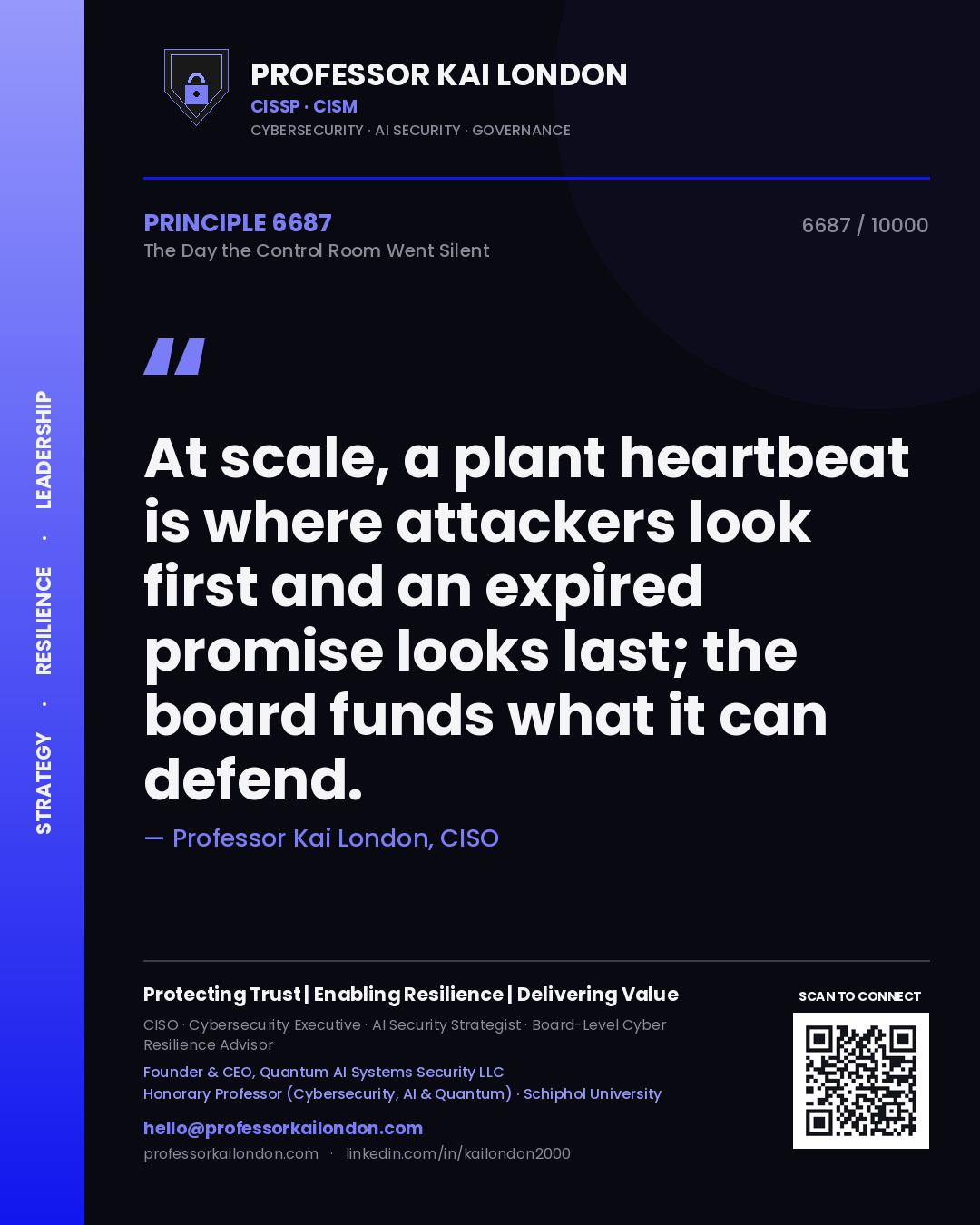 Quote card by Professor Kai London reading 'At scale, a plant heartbeat is where attackers look first and an expired promise looks last; the board funds what it can defend.'. From the book The Day the Control Room Went Silent.