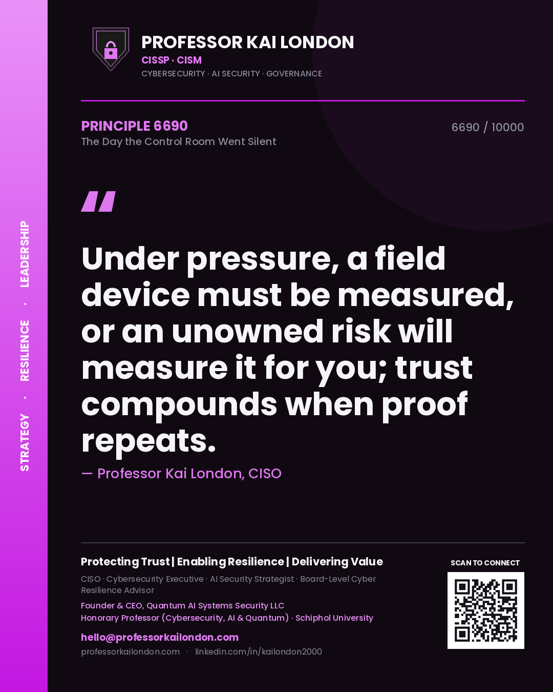 Professor Kai London principle 6690: Under pressure, a field device must be measured, or an unowned risk will measure it for you; trust compounds when proof repeats.