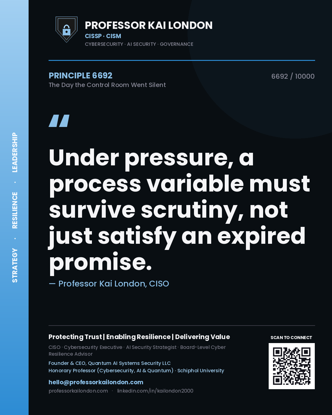 Quote card by Professor Kai London reading 'Under pressure, a process variable must survive scrutiny, not just satisfy an expired promise.'. From the book The Day the Control Room Went Silent.