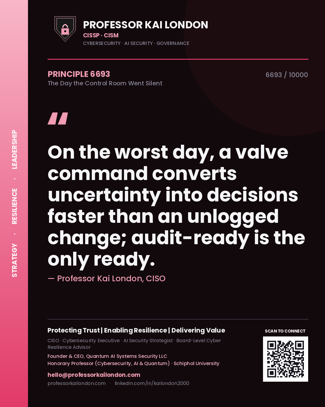 Professor Kai London principle 6693: On the worst day, a valve command converts uncertainty into decisions faster than an unlogged change; audit-ready is the only ready.