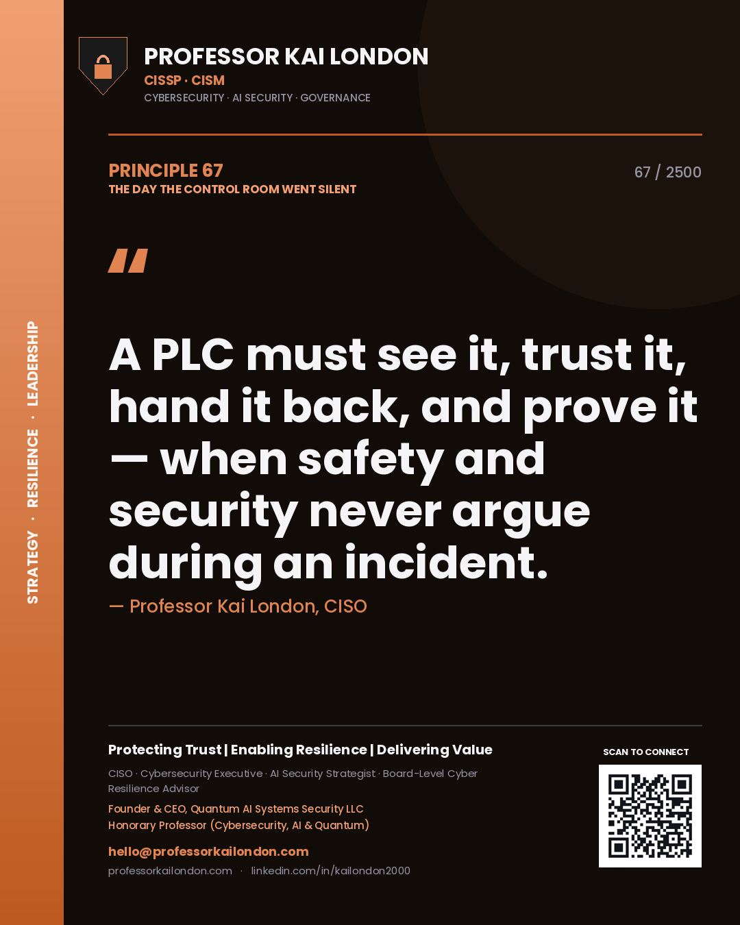 Quote card by Professor Kai London reading 'A PLC must see it, trust it, hand it back, and prove it — when safety and security never argue during an incident.'. From the book The Day the Control Room Went Silent.