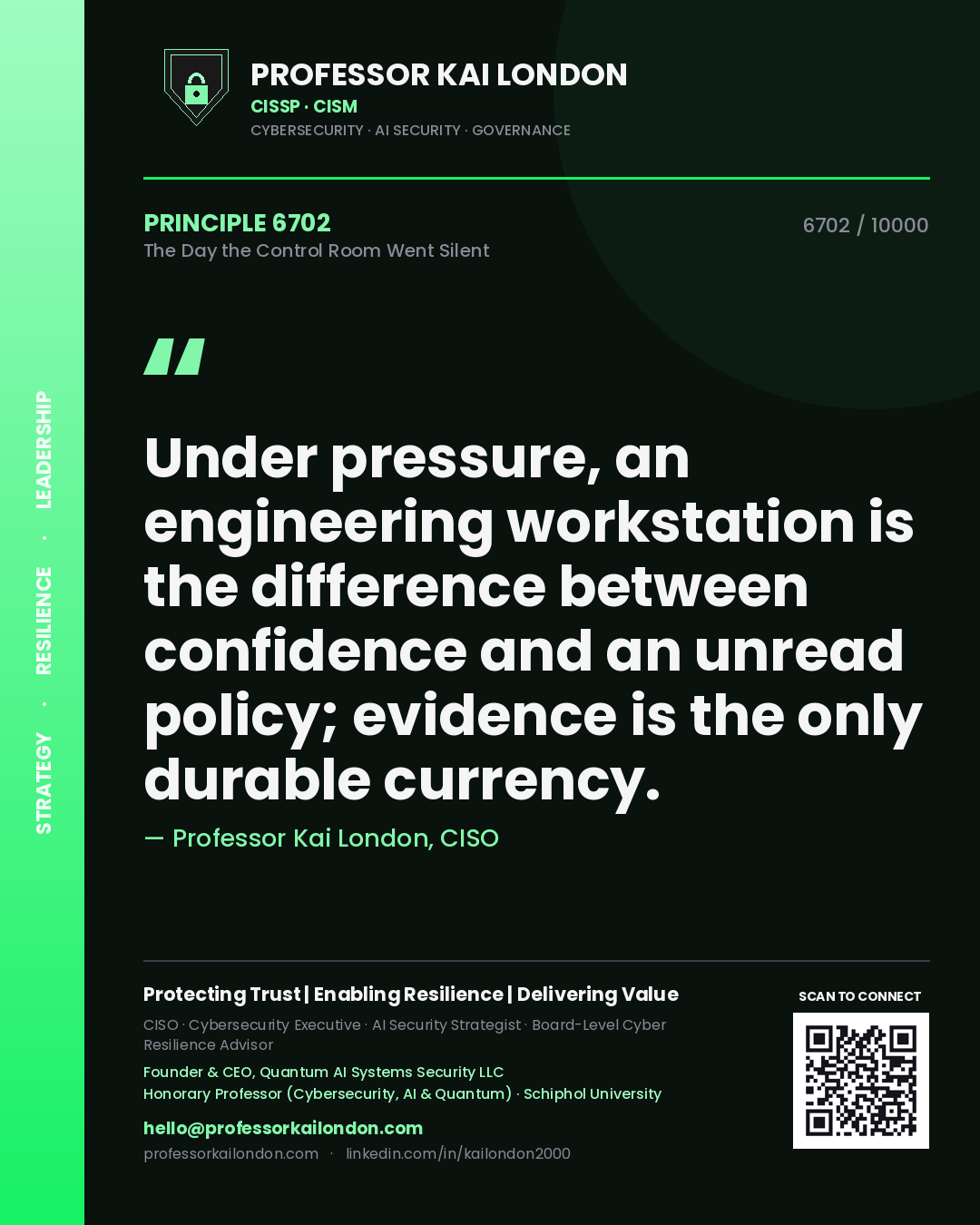 Quote card by Professor Kai London reading 'Under pressure, an engineering workstation is the difference between confidence and an unread policy; evidence is the only durable currency.'. From the book The Day the Control Room Went Silent.