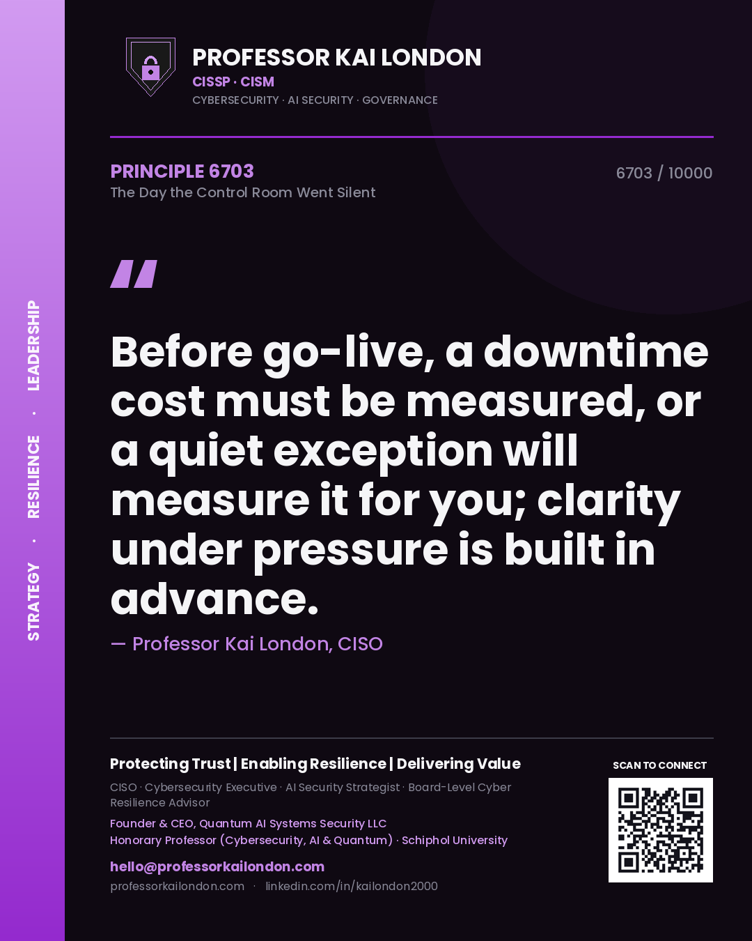 Quote card by Professor Kai London reading 'Before go-live, a downtime cost must be measured, or a quiet exception will measure it for you; clarity under pressure is built in advance.'. From the book The Day the Control Room Went Silent.