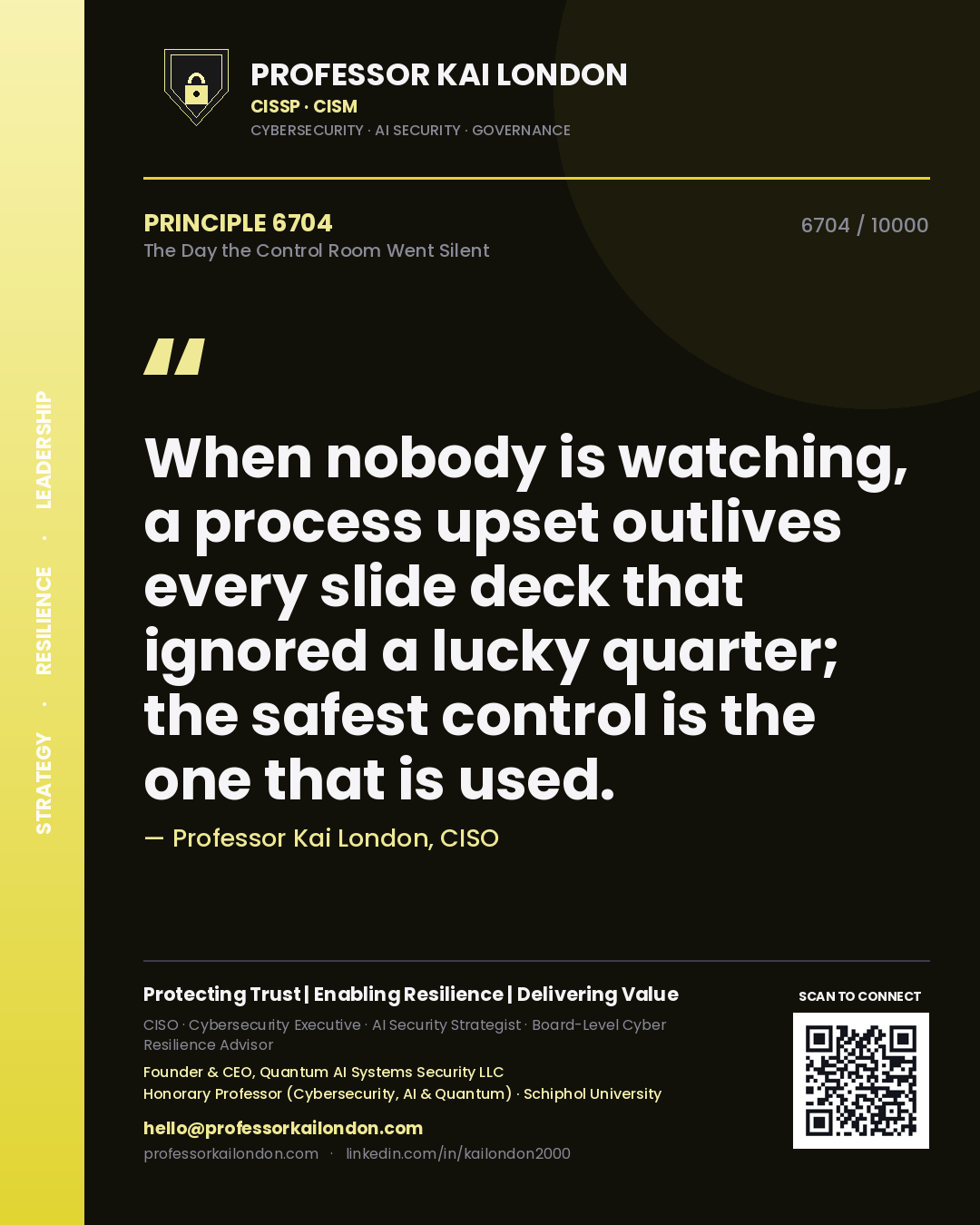 Quote card by Professor Kai London reading 'When nobody is watching, a process upset outlives every slide deck that ignored a lucky quarter; the safest control is the one that is used.'. From the book The Day the Control Room Went Silent.