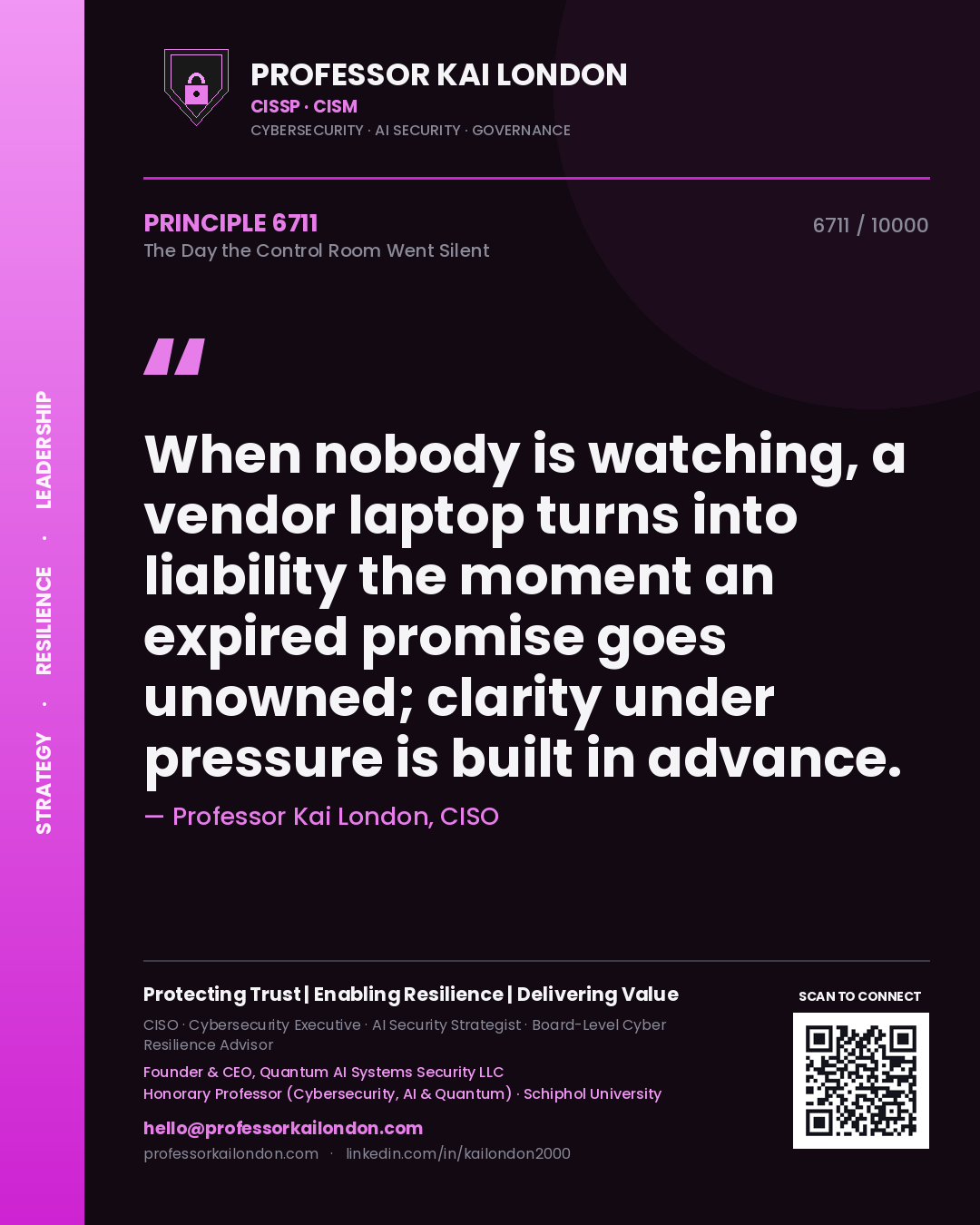 Quote card by Professor Kai London reading 'When nobody is watching, a vendor laptop turns into liability the moment an expired promise goes unowned; clarity under pressure is built in advance.'. From the book The Day the Control Room Went Silent.