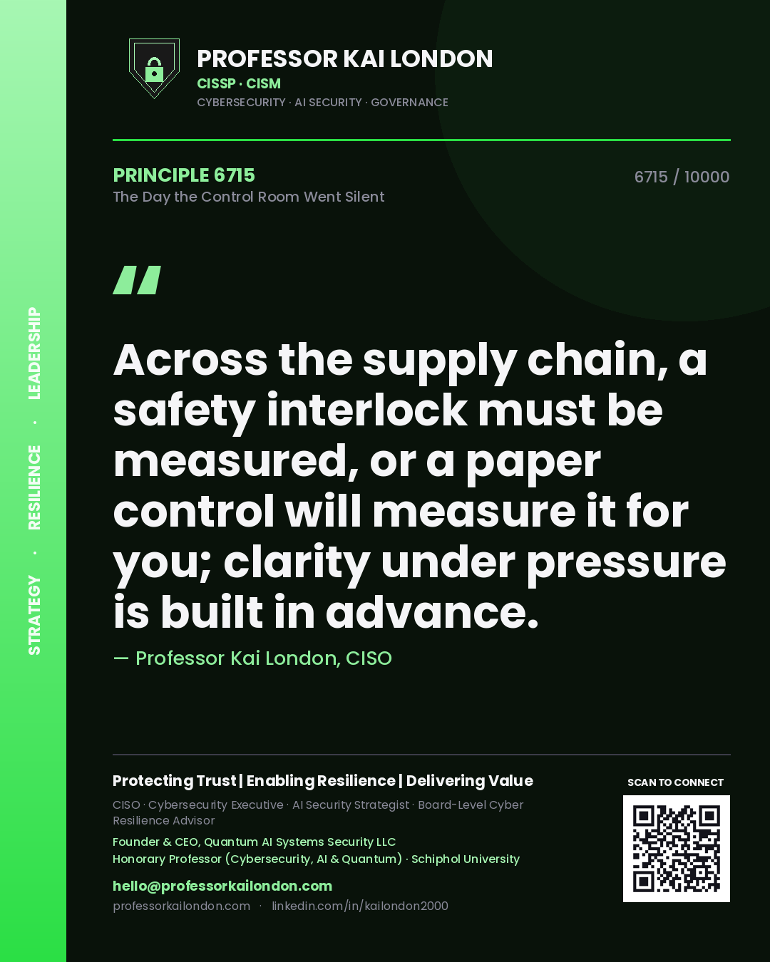 Quote card by Professor Kai London reading 'Across the supply chain, a safety interlock must be measured, or a paper control will measure it for you; clarity under pressure is built in advance.'. From the book The Day the Control Room Went Silent.
