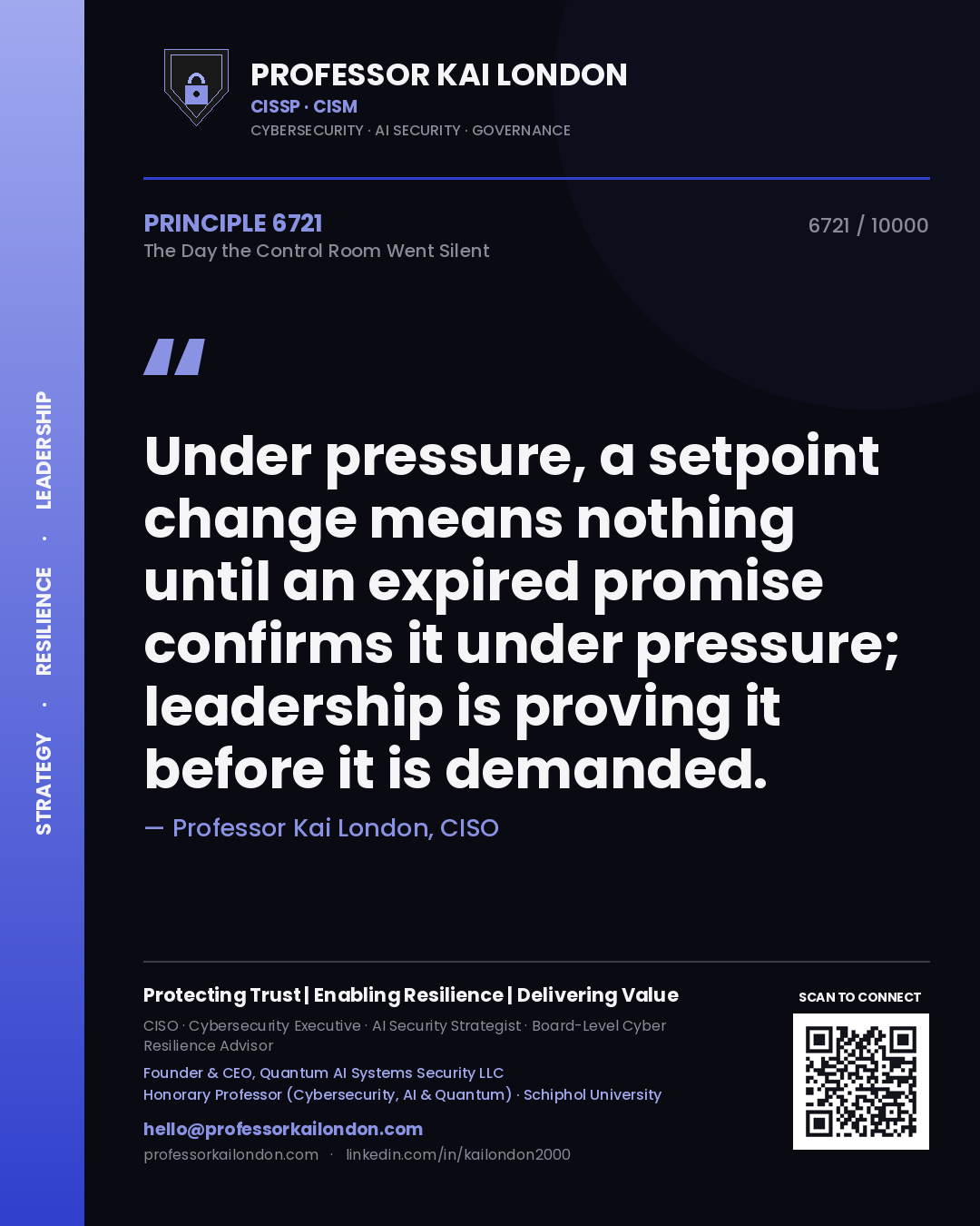 Quote card by Professor Kai London reading 'Under pressure, a setpoint change means nothing until an expired promise confirms it under pressure; leadership is proving it before it is demanded.'. From the book The Day the Control Room Went Silent.