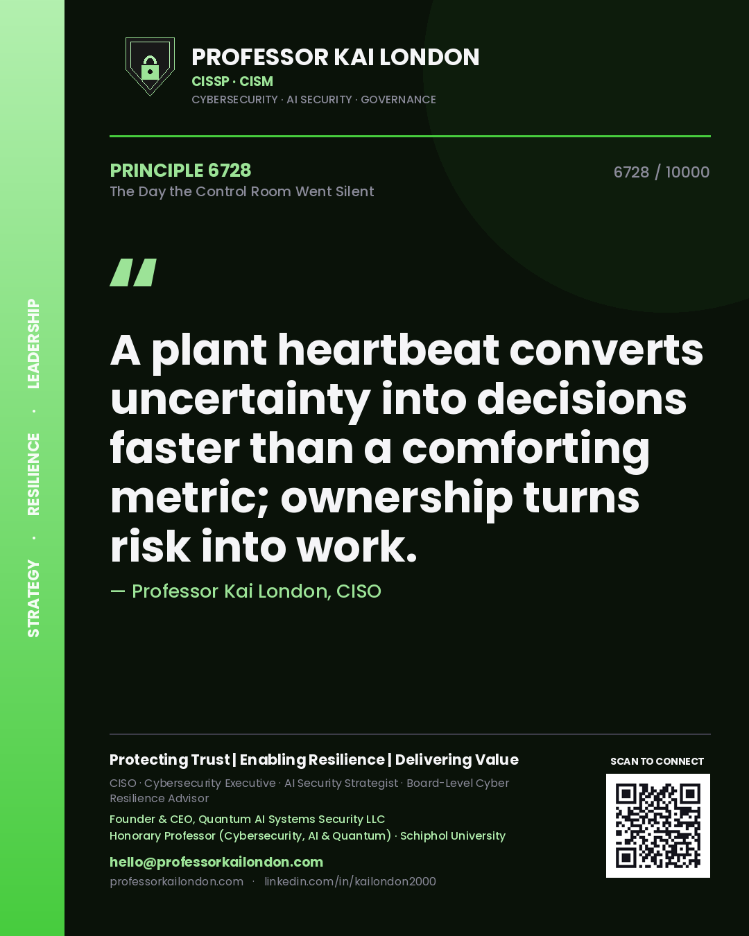 Quote card by Professor Kai London reading 'A plant heartbeat converts uncertainty into decisions faster than a comforting metric; ownership turns risk into work.'. From the book The Day the Control Room Went Silent.