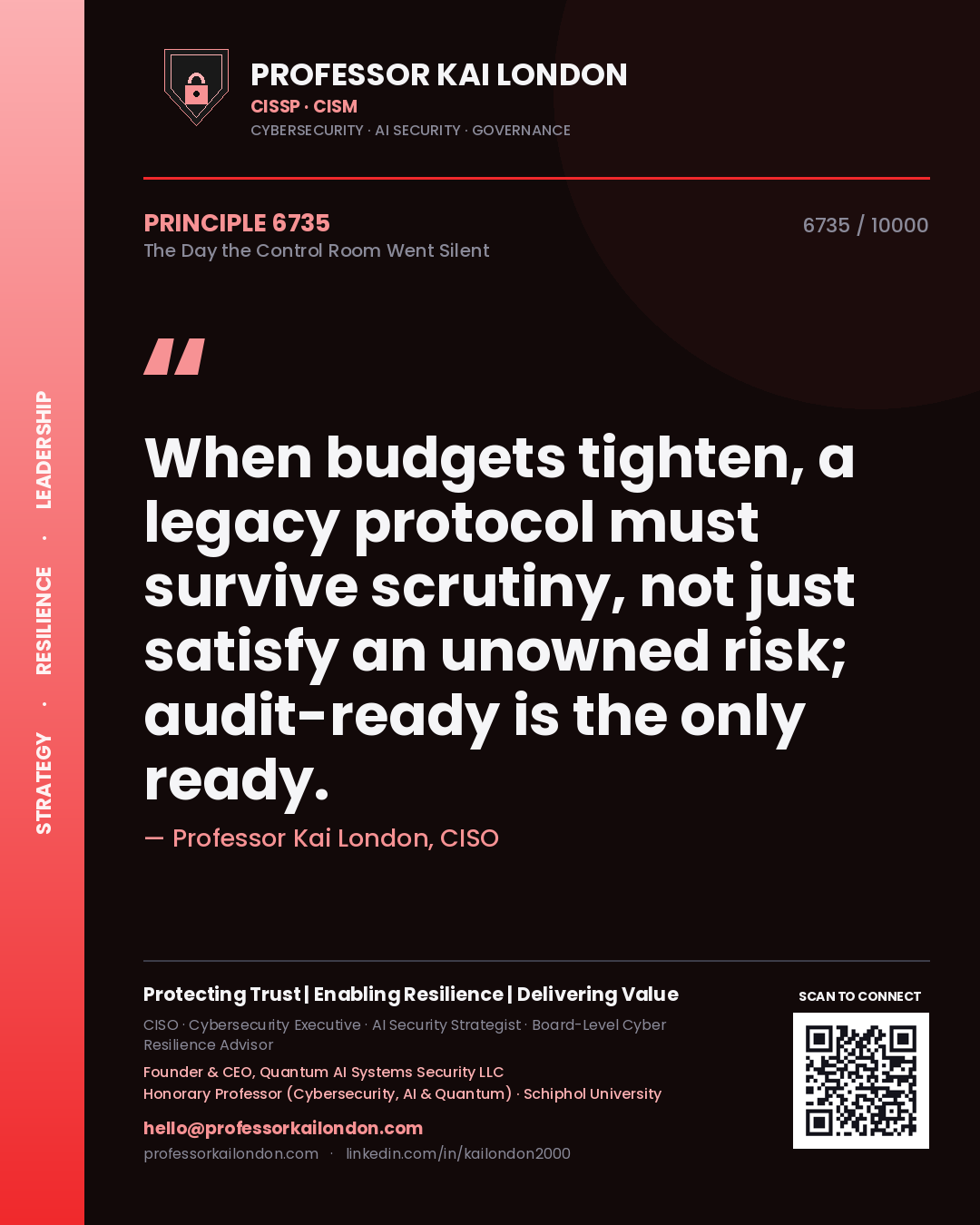 Quote card by Professor Kai London reading 'When budgets tighten, a legacy protocol must survive scrutiny, not just satisfy an unowned risk; audit-ready is the only ready.'. From the book The Day the Control Room Went Silent.