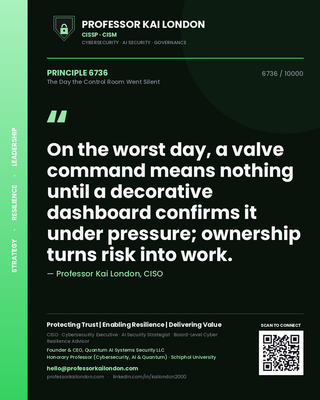 Quote card by Professor Kai London reading 'On the worst day, a valve command means nothing until a decorative dashboard confirms it under pressure; ownership turns risk into work.'. From the book The Day the Control Room Went Silent.