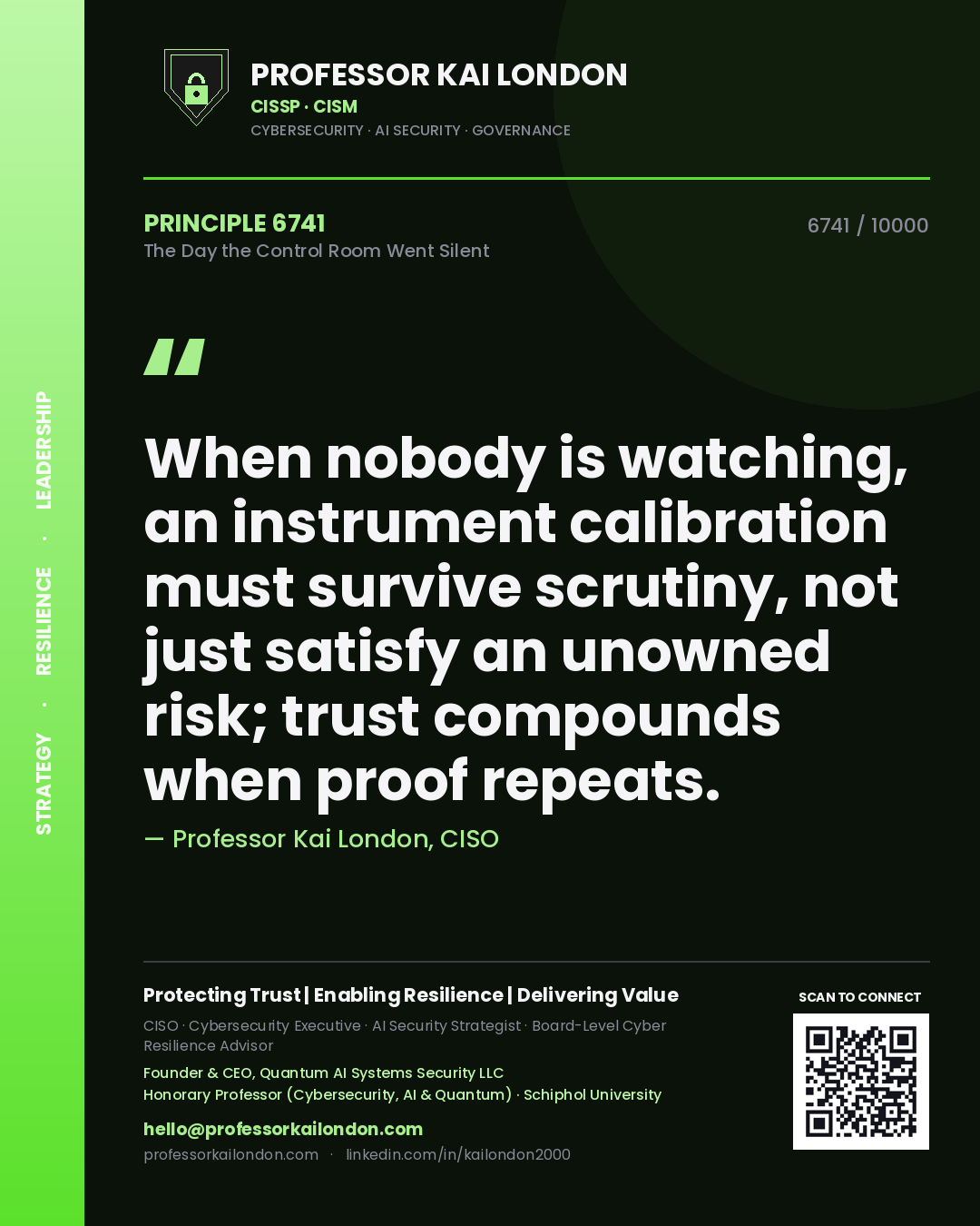Quote card by Professor Kai London reading 'When nobody is watching, an instrument calibration must survive scrutiny, not just satisfy an unowned risk; trust compounds when proof repeats.'. From the book The Day the Control Room Went Silent.