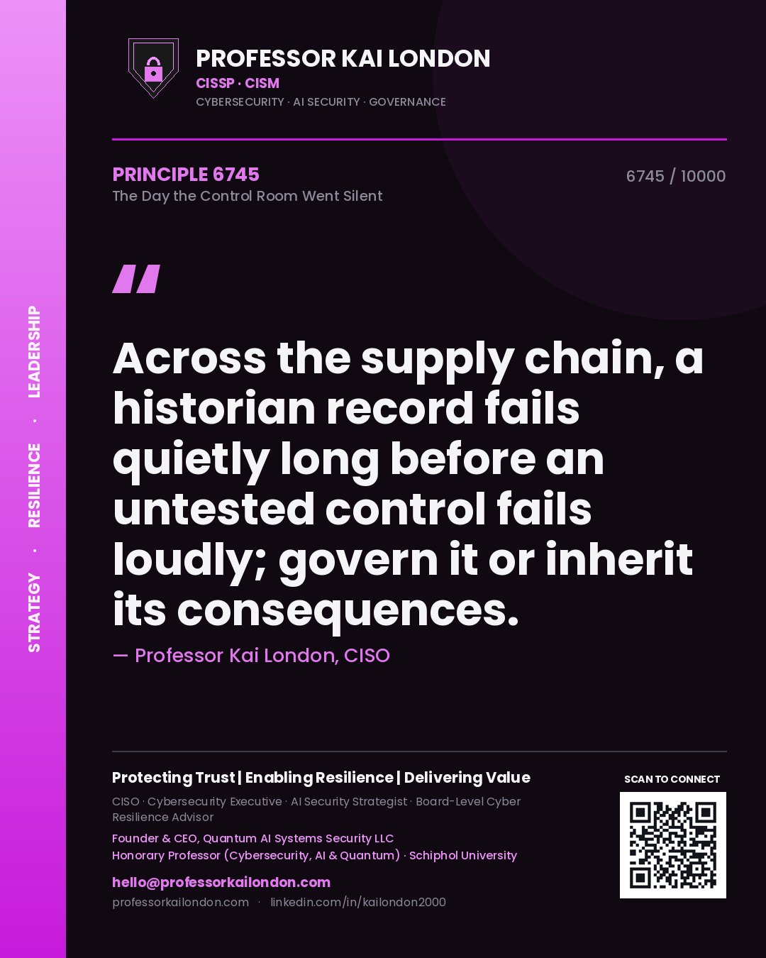 Quote card by Professor Kai London reading 'Across the supply chain, a historian record fails quietly long before an untested control fails loudly; govern it or inherit its consequences.'. From the book The Day the Control Room Went Silent.