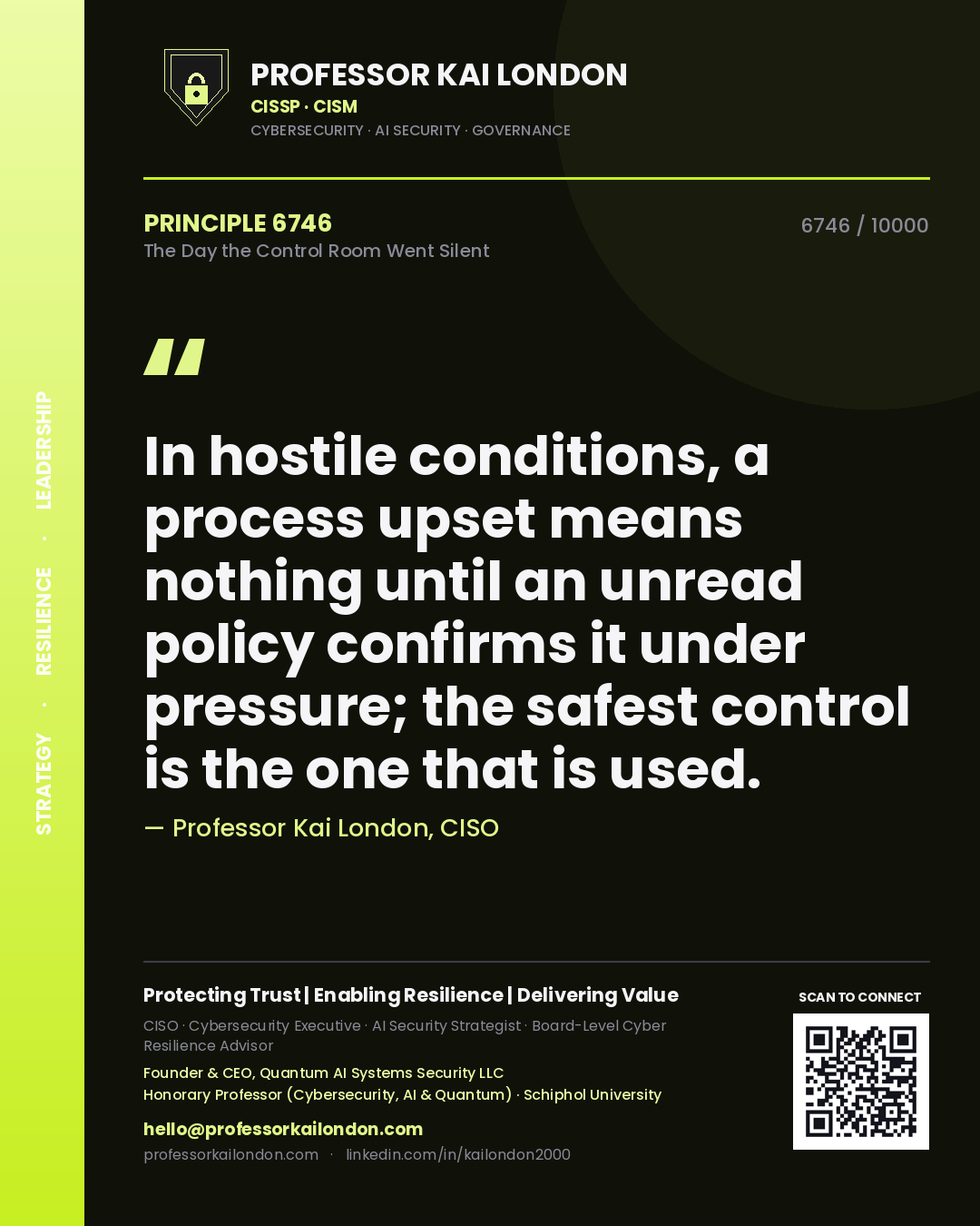 Quote card by Professor Kai London reading 'In hostile conditions, a process upset means nothing until an unread policy confirms it under pressure; the safest control is the one that is used.'. From the book The Day the Control Room Went Silent.
