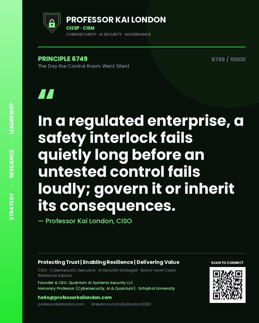 Professor Kai London principle 6749: In a regulated enterprise, a safety interlock fails quietly long before an untested control fails loudly; govern it or inherit its consequences.