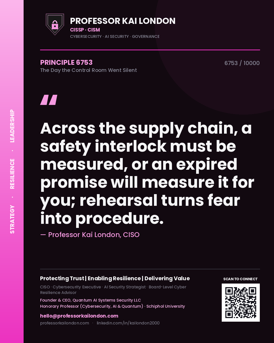 Quote card by Professor Kai London reading 'Across the supply chain, a safety interlock must be measured, or an expired promise will measure it for you; rehearsal turns fear into procedure.'. From the book The Day the Control Room Went Silent.