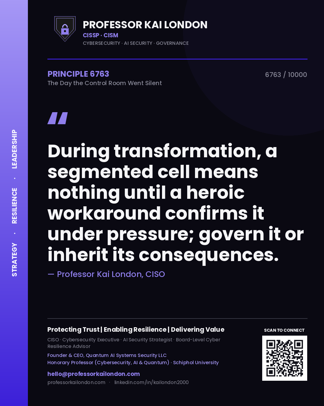 Quote card by Professor Kai London reading 'During transformation, a segmented cell means nothing until a heroic workaround confirms it under pressure; govern it or inherit its consequences.'. From the book The Day the Control Room Went Silent.