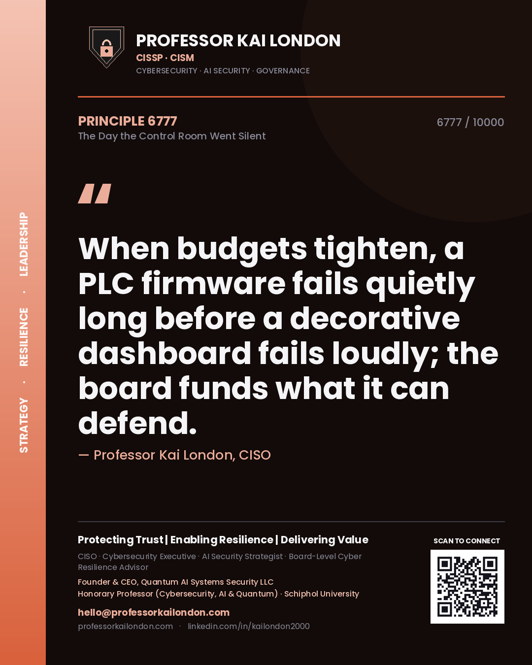 Quote card by Professor Kai London reading 'When budgets tighten, a PLC firmware fails quietly long before a decorative dashboard fails loudly; the board funds what it can defend.'. From the book The Day the Control Room Went Silent.