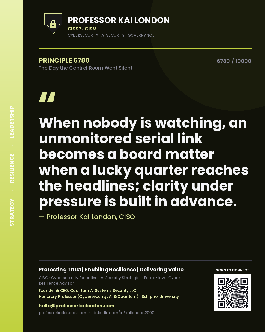Quote card by Professor Kai London reading 'When nobody is watching, an unmonitored serial link becomes a board matter when a lucky quarter reaches the headlines; clarity under pressure is built in advance.'. From the book The Day the Control Room Went Silent.