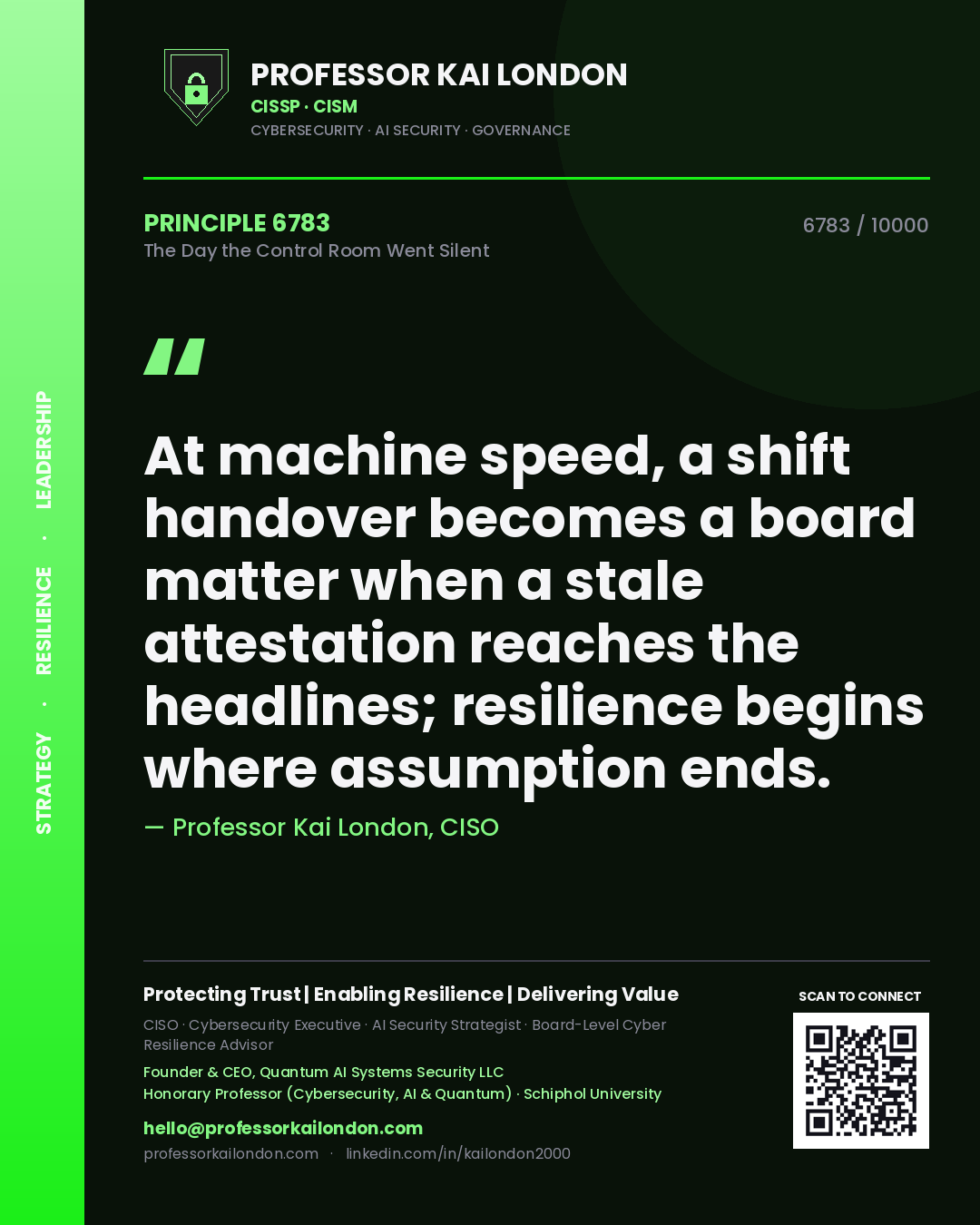 Professor Kai London principle 6783: At machine speed, a shift handover becomes a board matter when a stale attestation reaches the headlines; resilience begins where assumption ends.