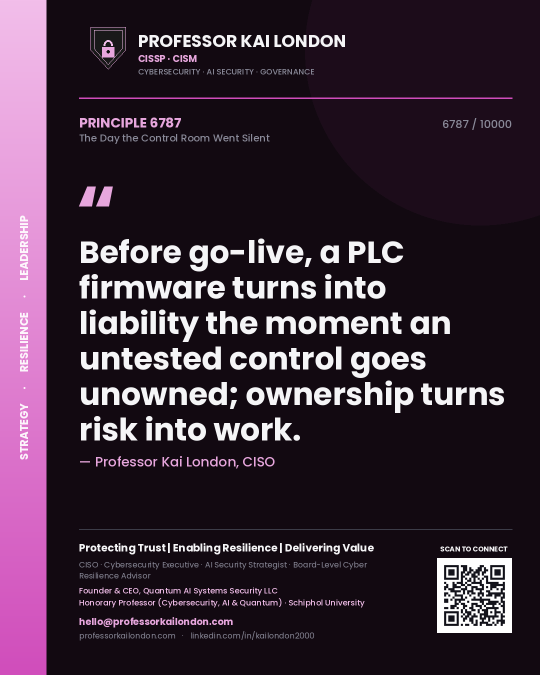 Quote card by Professor Kai London reading 'Before go-live, a PLC firmware turns into liability the moment an untested control goes unowned; ownership turns risk into work.'. From the book The Day the Control Room Went Silent.