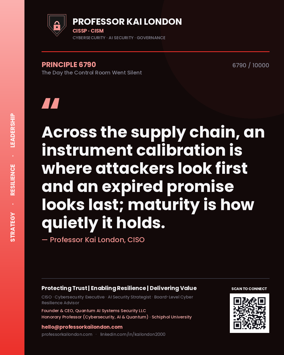 Quote card by Professor Kai London reading 'Across the supply chain, an instrument calibration is where attackers look first and an expired promise looks last; maturity is how quietly it holds.'. From the book The Day the Control Room Went Silent.