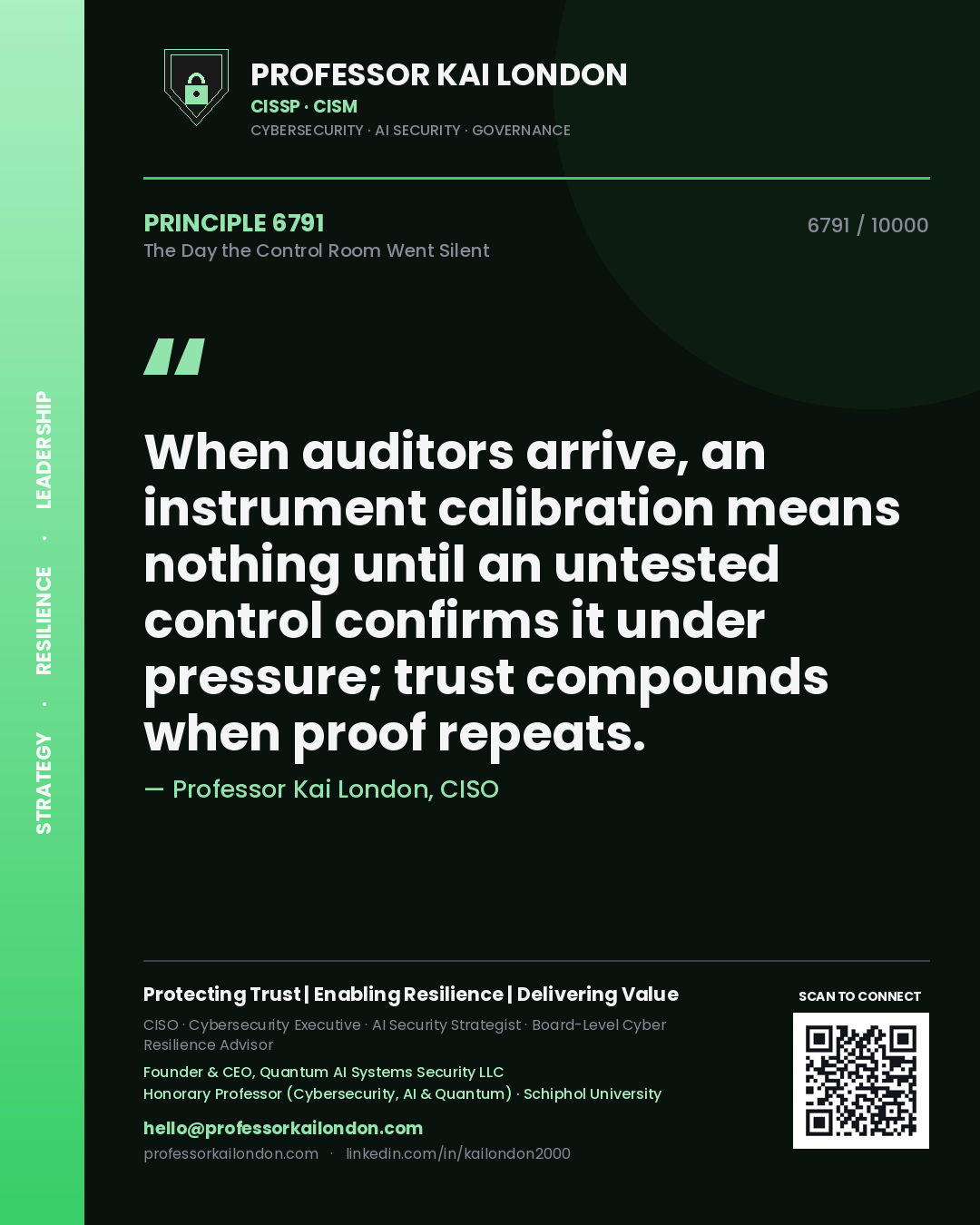 Quote card by Professor Kai London reading 'When auditors arrive, an instrument calibration means nothing until an untested control confirms it under pressure; trust compounds when proof repeats.'. From the book The Day the Control Room Went Silent.