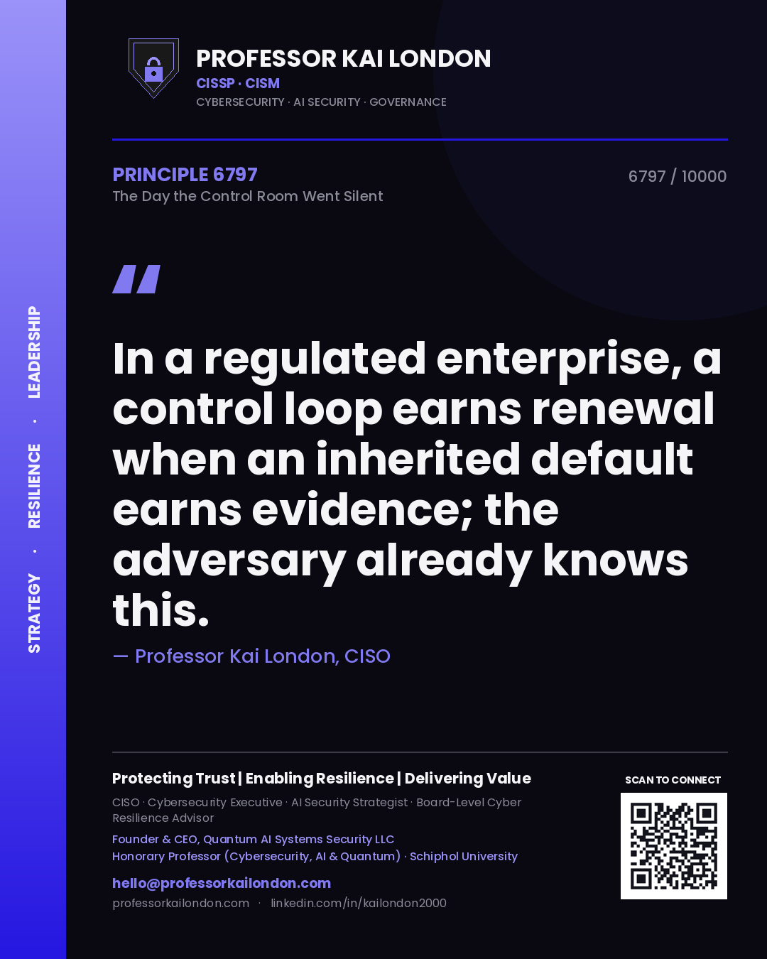 Quote card by Professor Kai London reading 'In a regulated enterprise, a control loop earns renewal when an inherited default earns evidence; the adversary already knows this.'. From the book The Day the Control Room Went Silent.