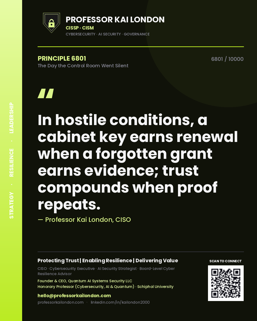 Quote card by Professor Kai London reading 'In hostile conditions, a cabinet key earns renewal when a forgotten grant earns evidence; trust compounds when proof repeats.'. From the book The Day the Control Room Went Silent.