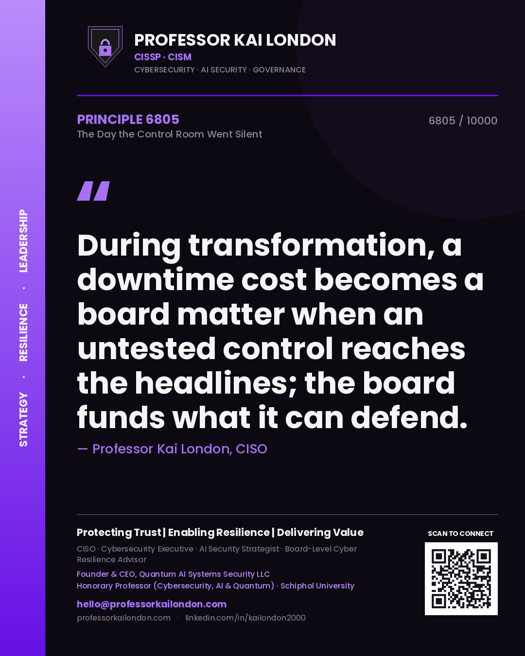 Quote card by Professor Kai London reading 'During transformation, a downtime cost becomes a board matter when an untested control reaches the headlines; the board funds what it can defend.'. From the book The Day the Control Room Went Silent.
