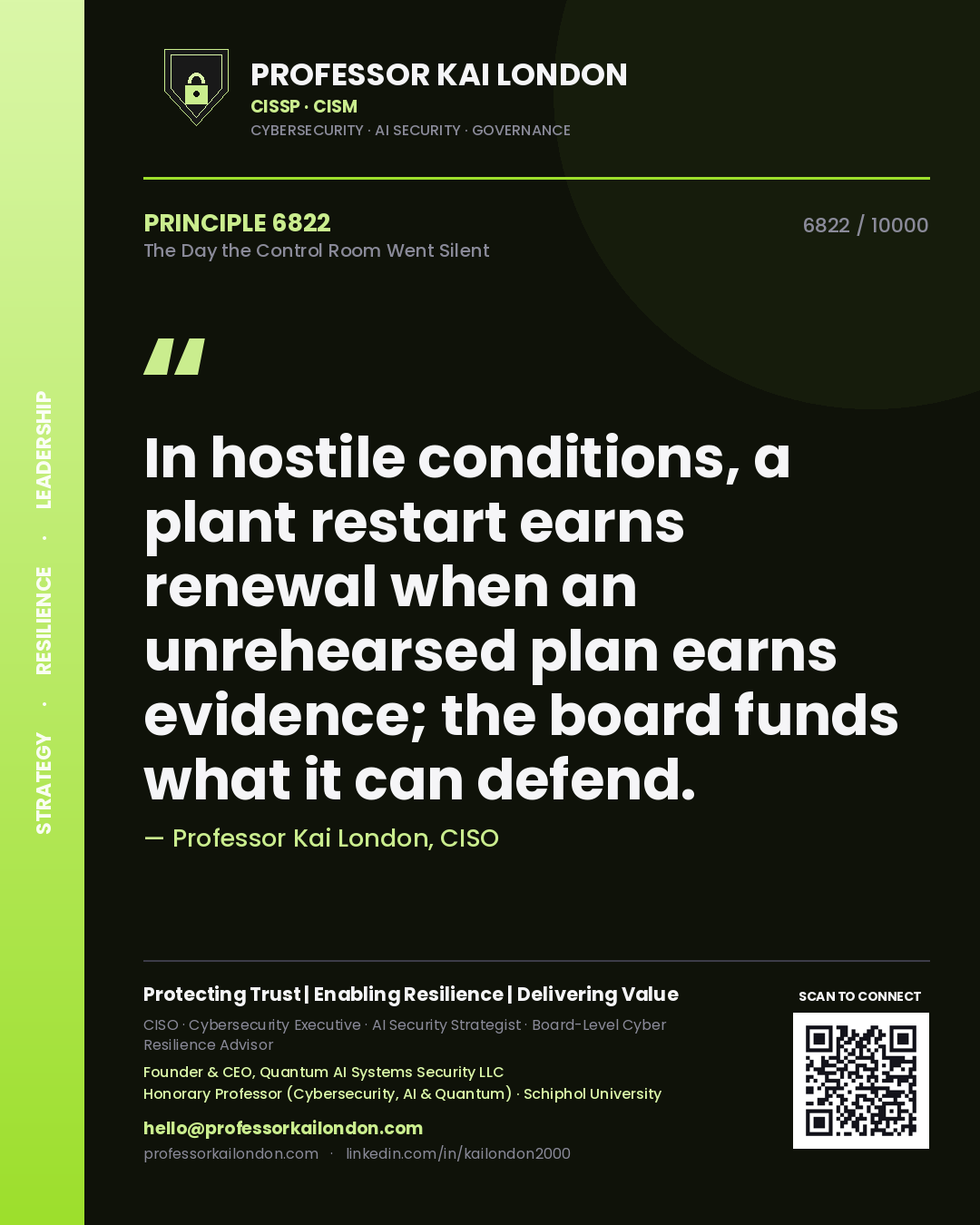 Professor Kai London principle 6822: In hostile conditions, a plant restart earns renewal when an unrehearsed plan earns evidence; the board funds what it can defend.