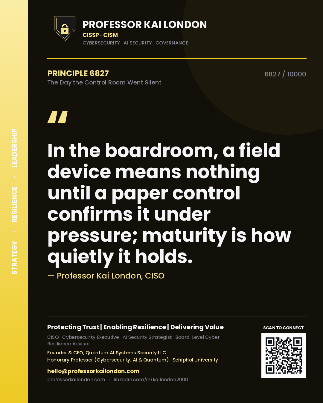 Professor Kai London principle 6827: In the boardroom, a field device means nothing until a paper control confirms it under pressure; maturity is how quietly it holds.