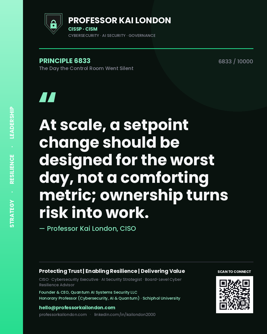 Quote card by Professor Kai London reading 'At scale, a setpoint change should be designed for the worst day, not a comforting metric; ownership turns risk into work.'. From the book The Day the Control Room Went Silent.