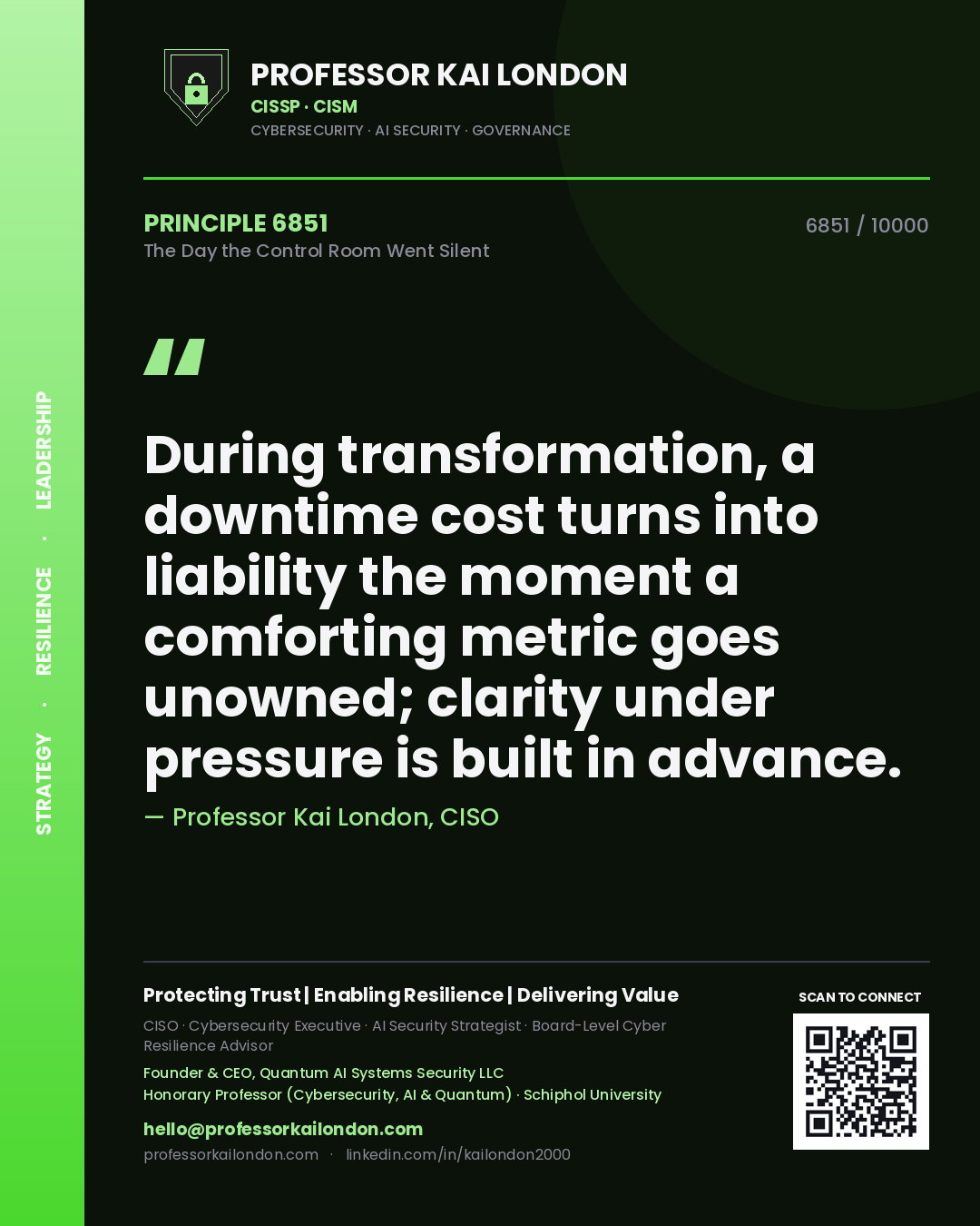 Quote card by Professor Kai London reading 'During transformation, a downtime cost turns into liability the moment a comforting metric goes unowned; clarity under pressure is built in advance.'. From the book The Day the Control Room Went Silent.