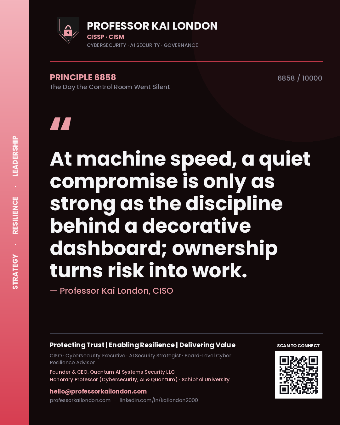 Quote card by Professor Kai London reading 'At machine speed, a quiet compromise is only as strong as the discipline behind a decorative dashboard; ownership turns risk into work.'. From the book The Day the Control Room Went Silent.