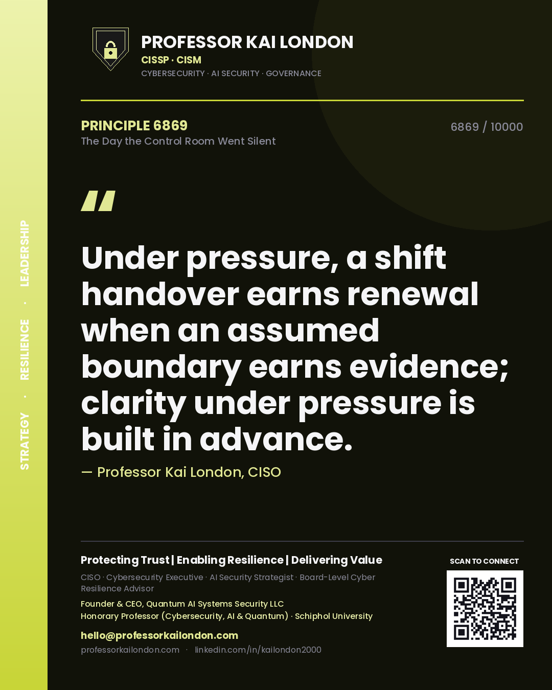 Quote card by Professor Kai London reading 'Under pressure, a shift handover earns renewal when an assumed boundary earns evidence; clarity under pressure is built in advance.'. From the book The Day the Control Room Went Silent.