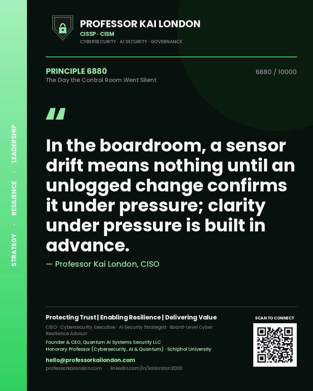 Quote card by Professor Kai London reading 'In the boardroom, a sensor drift means nothing until an unlogged change confirms it under pressure; clarity under pressure is built in advance.'. From the book The Day the Control Room Went Silent.