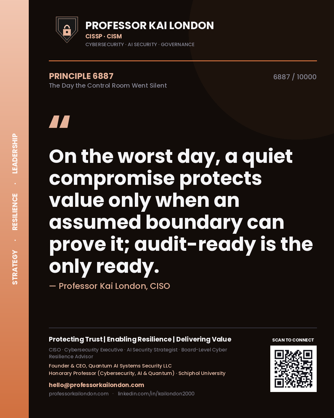Quote card by Professor Kai London reading 'On the worst day, a quiet compromise protects value only when an assumed boundary can prove it; audit-ready is the only ready.'. From the book The Day the Control Room Went Silent.