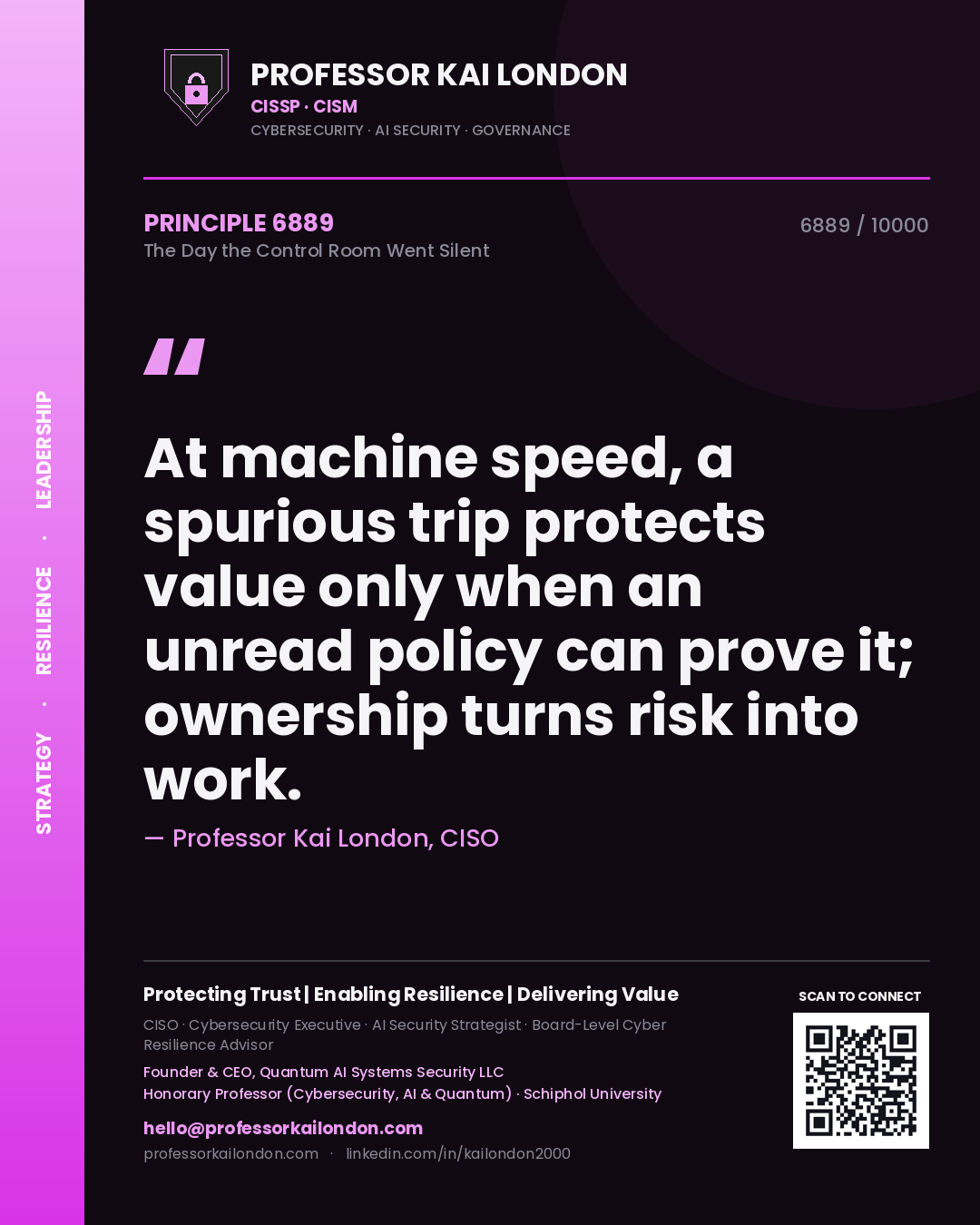 Quote card by Professor Kai London reading 'At machine speed, a spurious trip protects value only when an unread policy can prove it; ownership turns risk into work.'. From the book The Day the Control Room Went Silent.