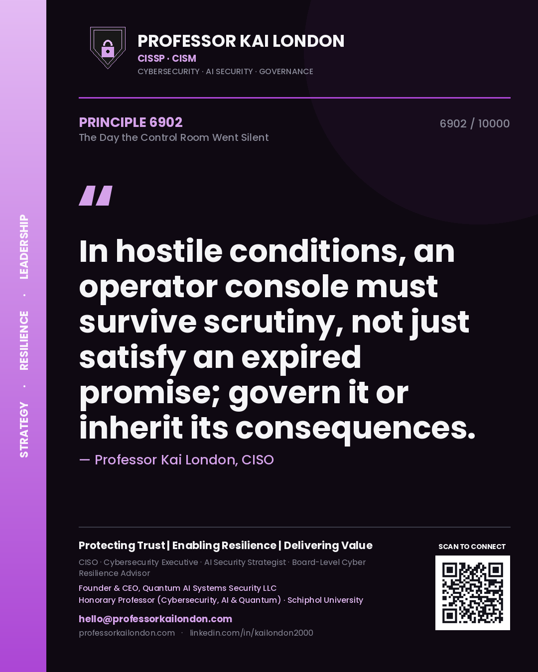 Quote card by Professor Kai London reading 'In hostile conditions, an operator console must survive scrutiny, not just satisfy an expired promise; govern it or inherit its consequences.'. From the book The Day the Control Room Went Silent.