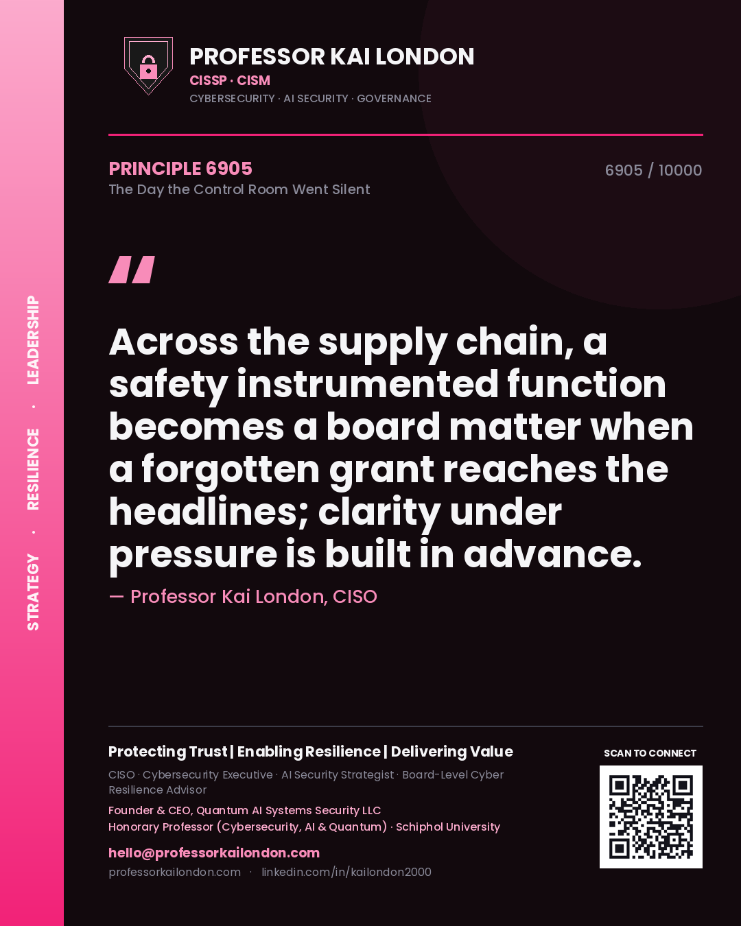 Quote card by Professor Kai London reading 'Across the supply chain, a safety instrumented function becomes a board matter when a forgotten grant reaches the headlines; clarity under pressure is built in advance.'. From the book The Day the Control Room Went Silent.