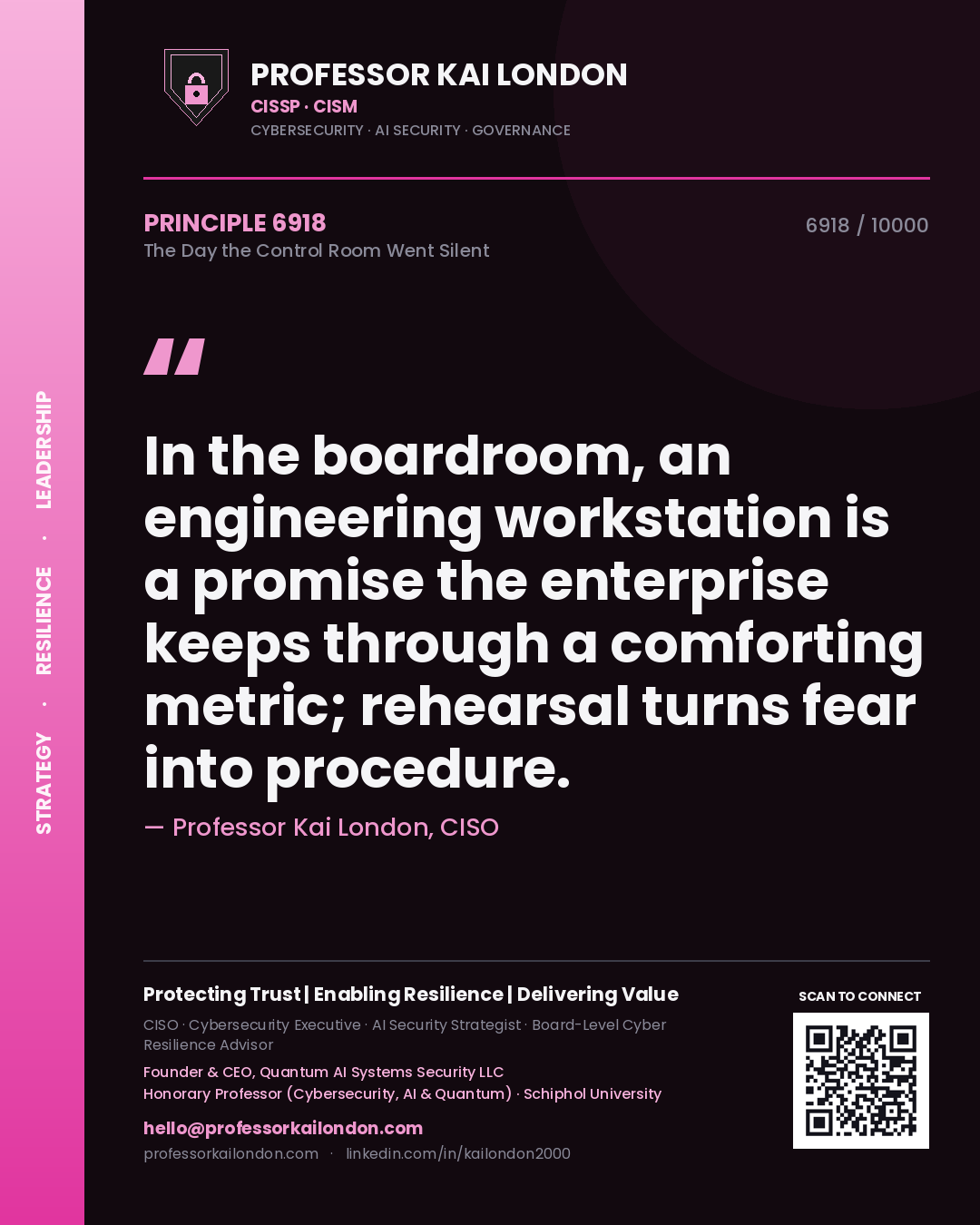 Quote card by Professor Kai London reading 'In the boardroom, an engineering workstation is a promise the enterprise keeps through a comforting metric; rehearsal turns fear into procedure.'. From the book The Day the Control Room Went Silent.