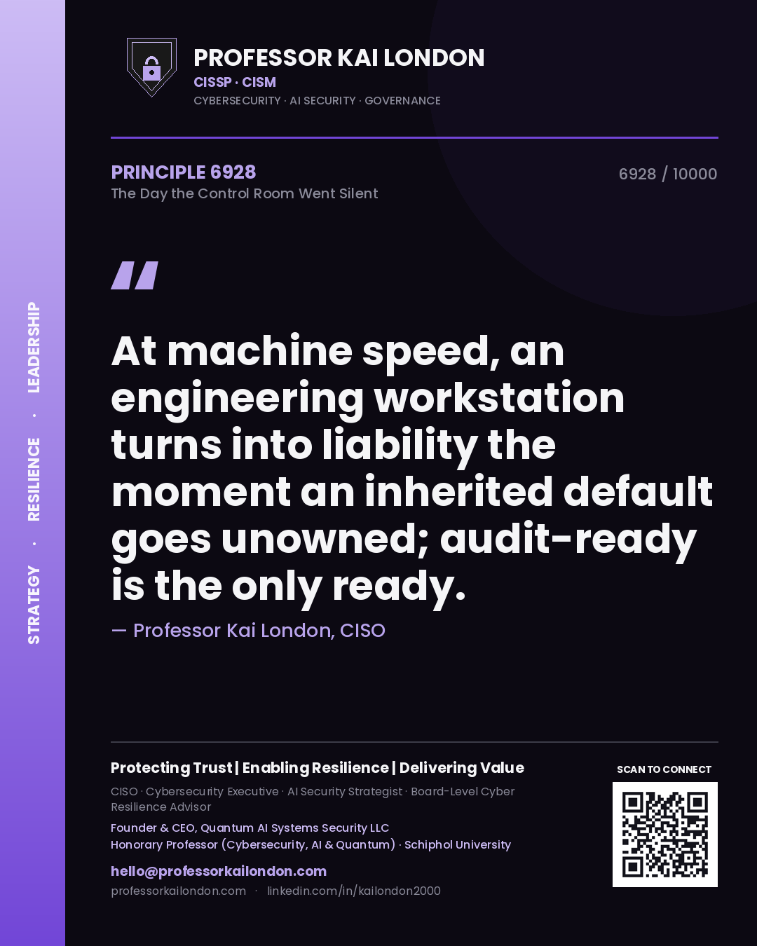 Quote card by Professor Kai London reading 'At machine speed, an engineering workstation turns into liability the moment an inherited default goes unowned; audit-ready is the only ready.'. From the book The Day the Control Room Went Silent.