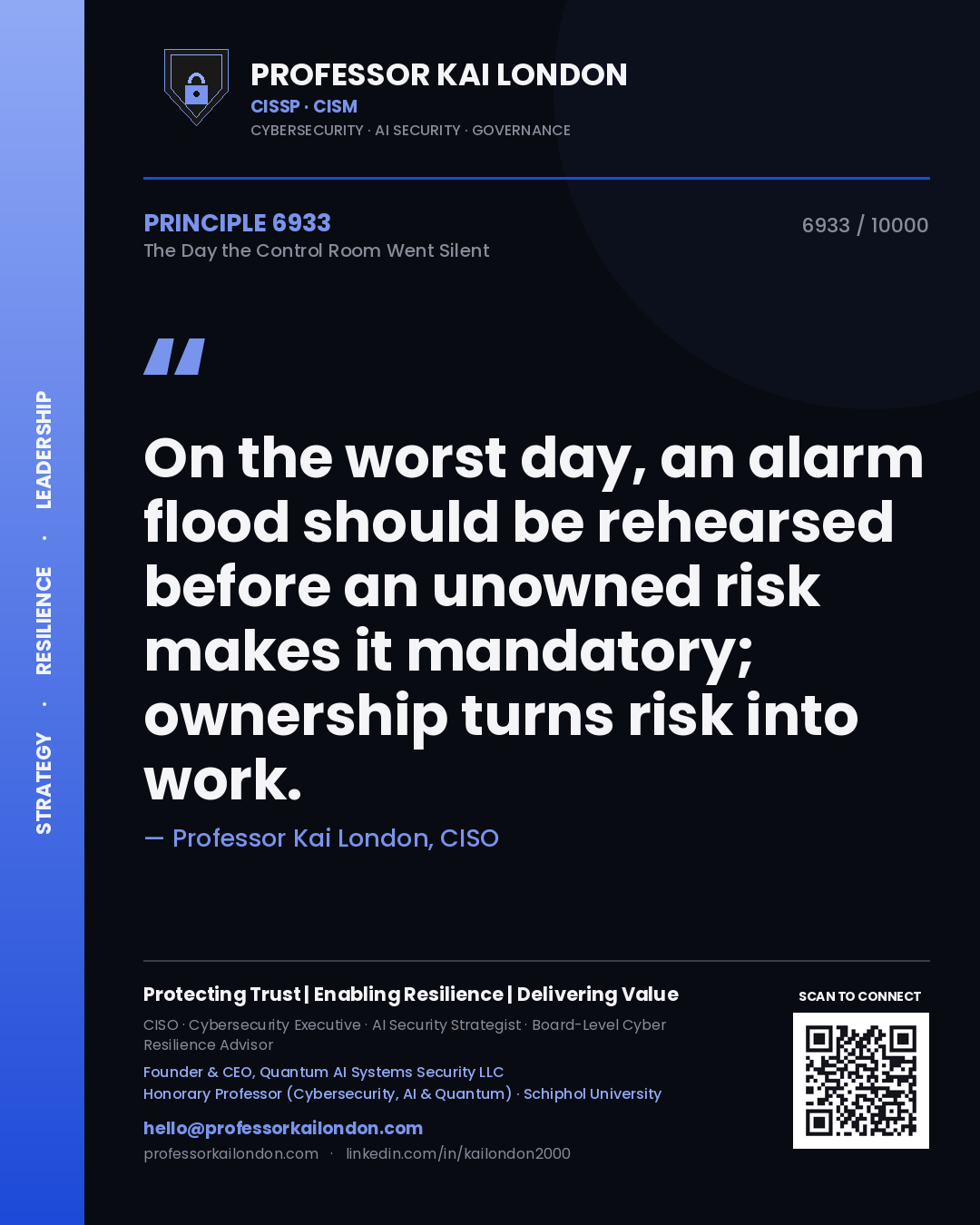 Quote card by Professor Kai London reading 'On the worst day, an alarm flood should be rehearsed before an unowned risk makes it mandatory; ownership turns risk into work.'. From the book The Day the Control Room Went Silent.