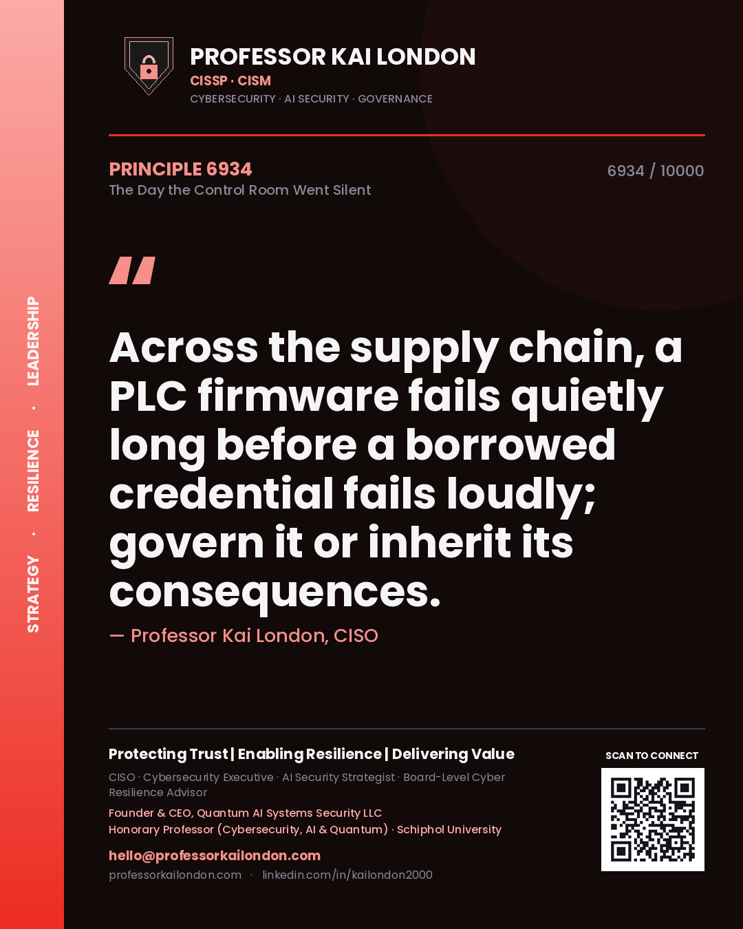 Quote card by Professor Kai London reading 'Across the supply chain, a PLC firmware fails quietly long before a borrowed credential fails loudly; govern it or inherit its consequences.'. From the book The Day the Control Room Went Silent.