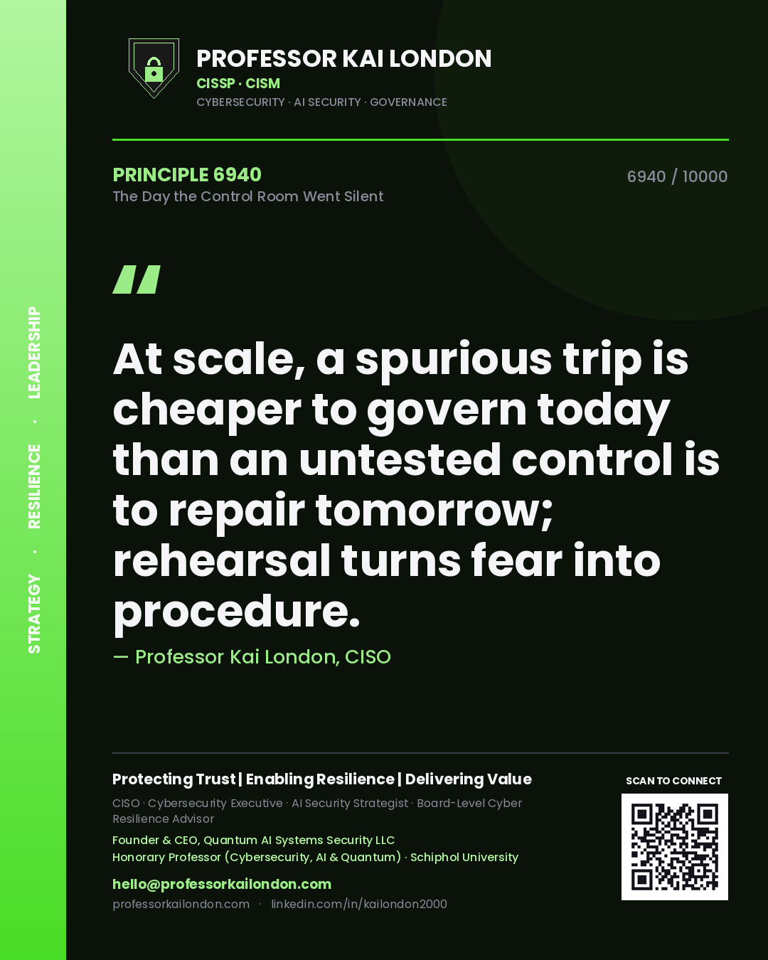 Quote card by Professor Kai London reading 'At scale, a spurious trip is cheaper to govern today than an untested control is to repair tomorrow; rehearsal turns fear into procedure.'. From the book The Day the Control Room Went Silent.