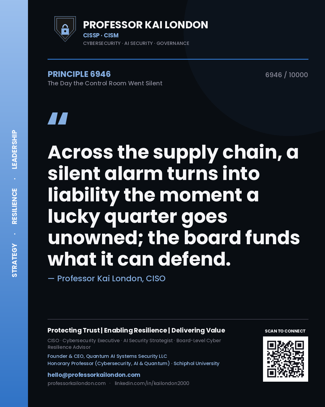 Quote card by Professor Kai London reading 'Across the supply chain, a silent alarm turns into liability the moment a lucky quarter goes unowned; the board funds what it can defend.'. From the book The Day the Control Room Went Silent.