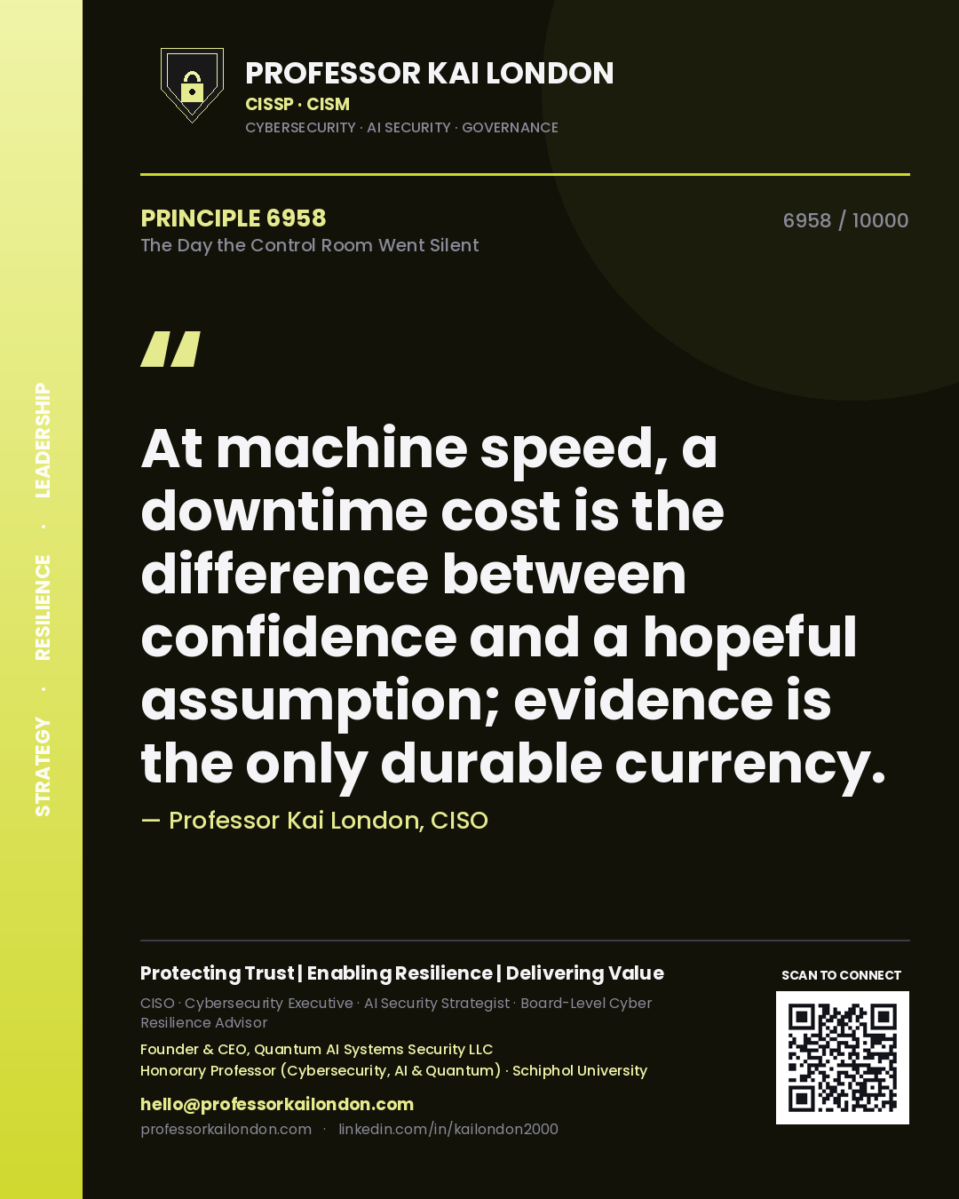 Quote card by Professor Kai London reading 'At machine speed, a downtime cost is the difference between confidence and a hopeful assumption; evidence is the only durable currency.'. From the book The Day the Control Room Went Silent.