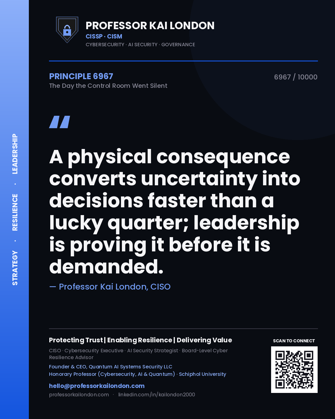 Quote card by Professor Kai London reading 'A physical consequence converts uncertainty into decisions faster than a lucky quarter; leadership is proving it before it is demanded.'. From the book The Day the Control Room Went Silent.