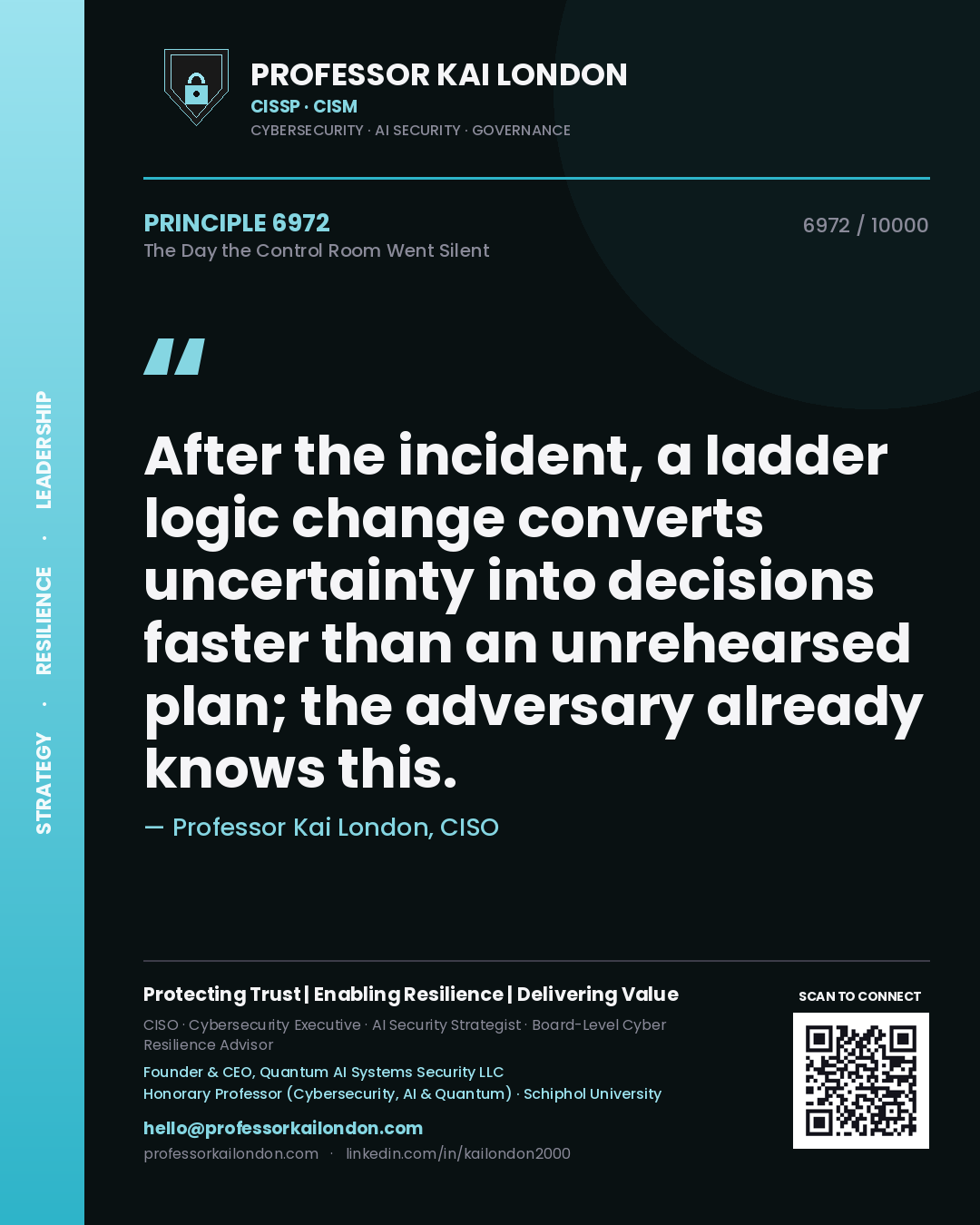 Quote card by Professor Kai London reading 'After the incident, a ladder logic change converts uncertainty into decisions faster than an unrehearsed plan; the adversary already knows this.'. From the book The Day the Control Room Went Silent.